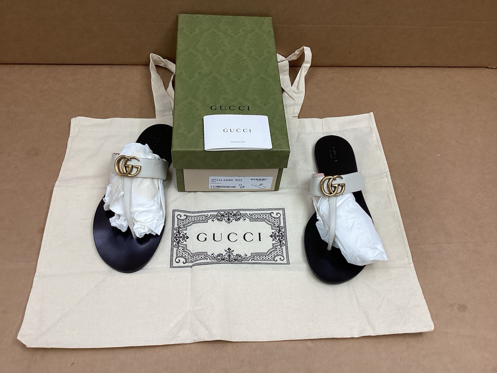 Gucci GG Marmont Thong Sandal , Gold / Black , White Leather , Sz 42