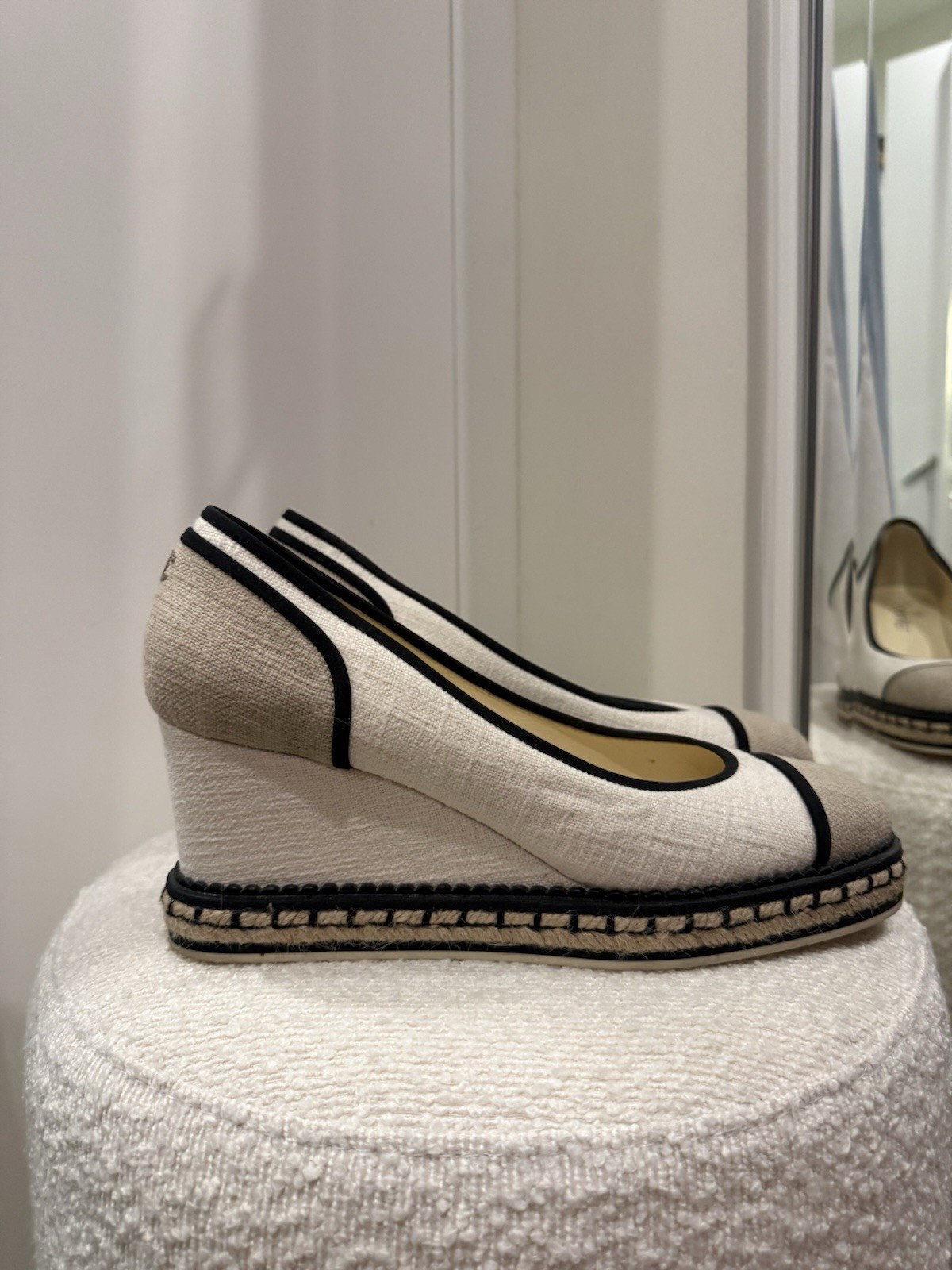 CHANEL Beige/Black Canvas CC Logo Wedge Espadrille Flats Slip-On Women 10
