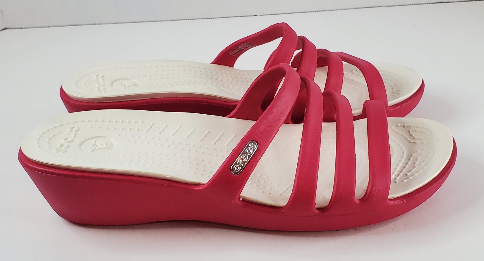 Crocs Women’s Rhonda Sandals Slides Wedge Rubber Pink White Size 8