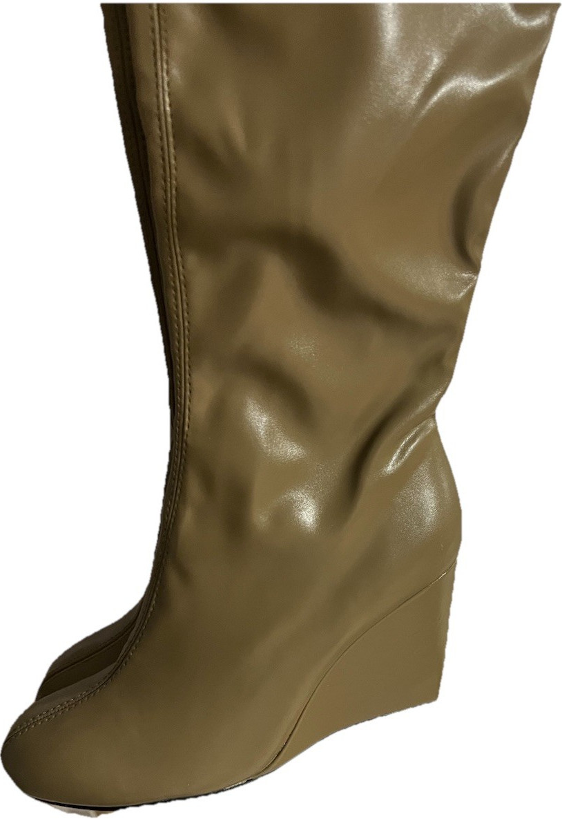 3N5/ZARA Beige Knee High Wedge Boots Faux Leather Round Toe Zip Size 7.5