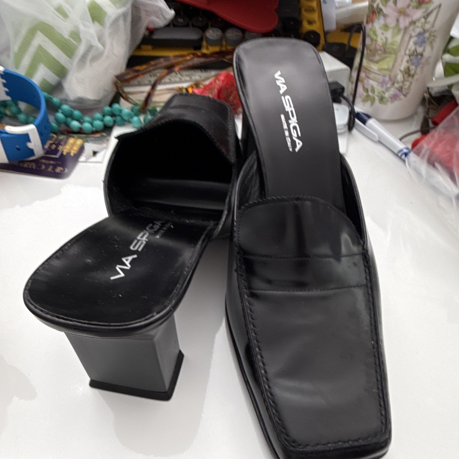 Via Spiga Women’s Black Leather Square Toe Mule Slip On Block Heel Shoes 9M