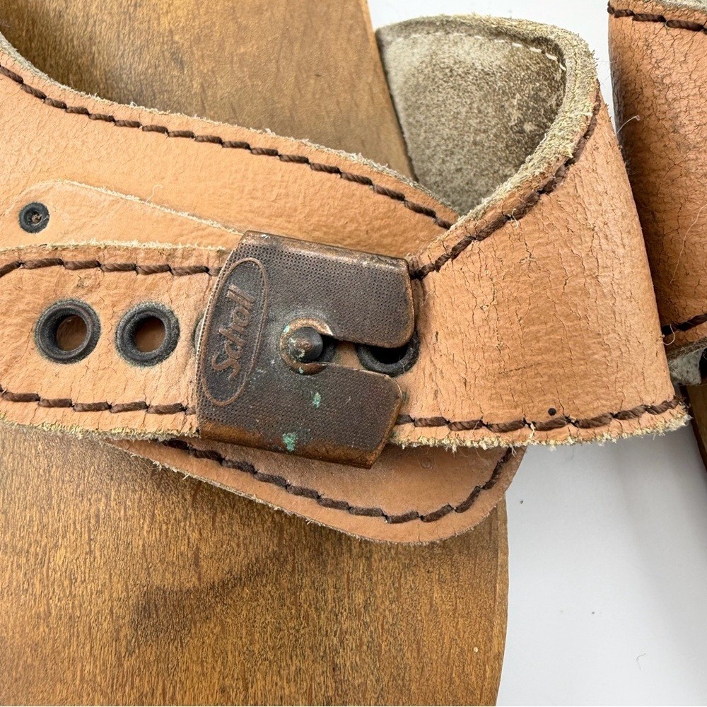 Vintage 70’s Tan Leather Scholl Original Wooden Sandal, Made in Austria, Size 8