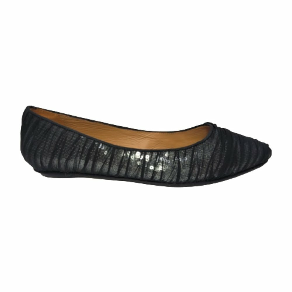 Badgley Mischka Sz 7 Black Organza Covered Silver Sequin Slip On Flats Shoes