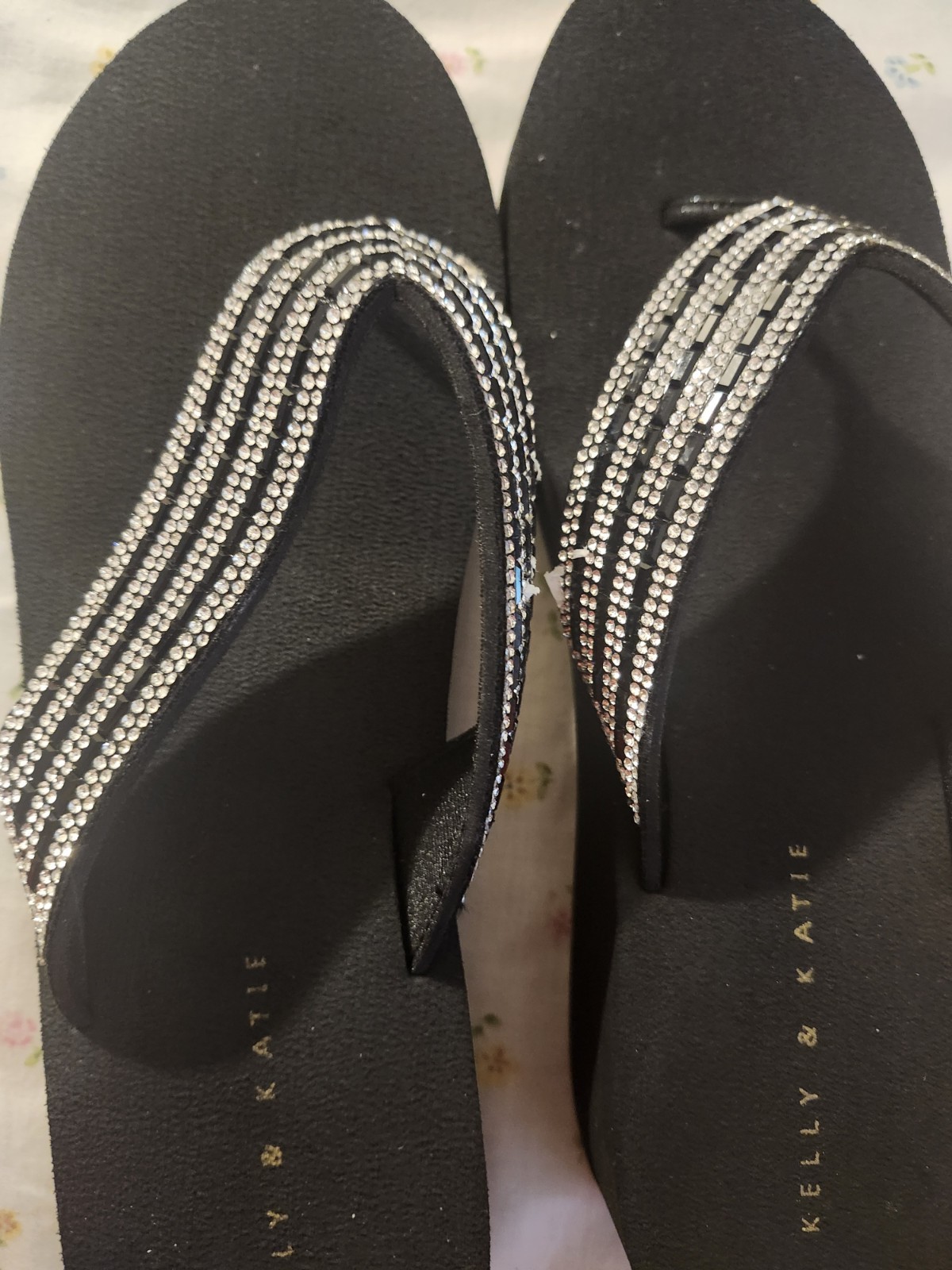 Kelly & Katie black platform wedge sandals/ rhinestone-embellished straps.