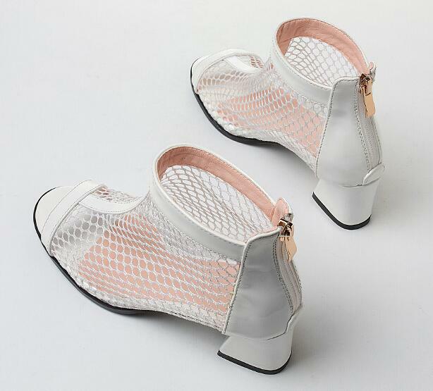 Women’s White Mesh Ankle Boots Peep Toe Block Heel Summer Breathable Sandals