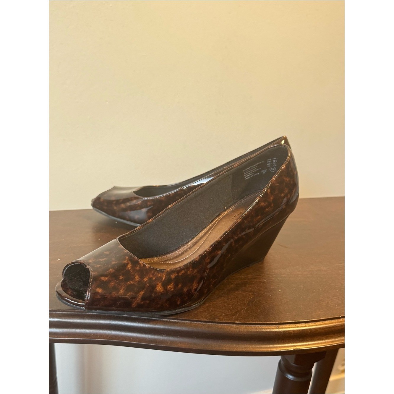 Predictions Brown Tortoiseshell Patent Peep-Toe Wedges