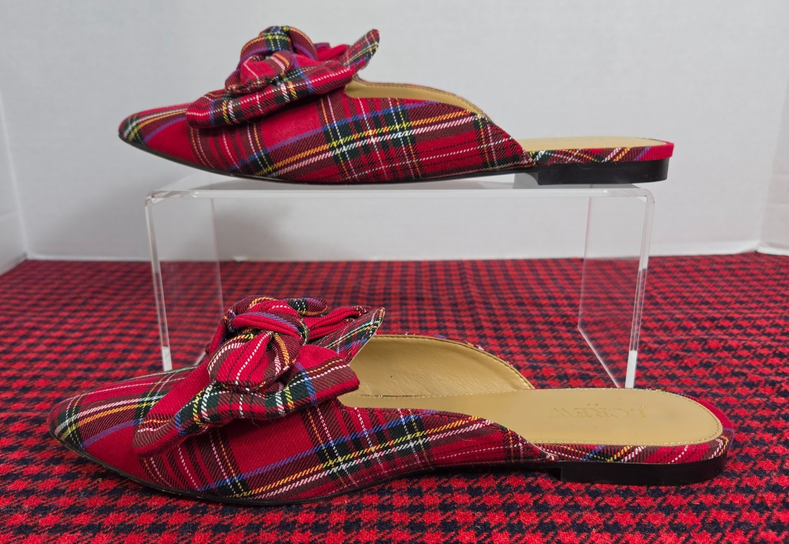 J.Crew Womens Red Tartan Plaid Bow Pointed Toe Christmas Mule Flats Size8 Plaid