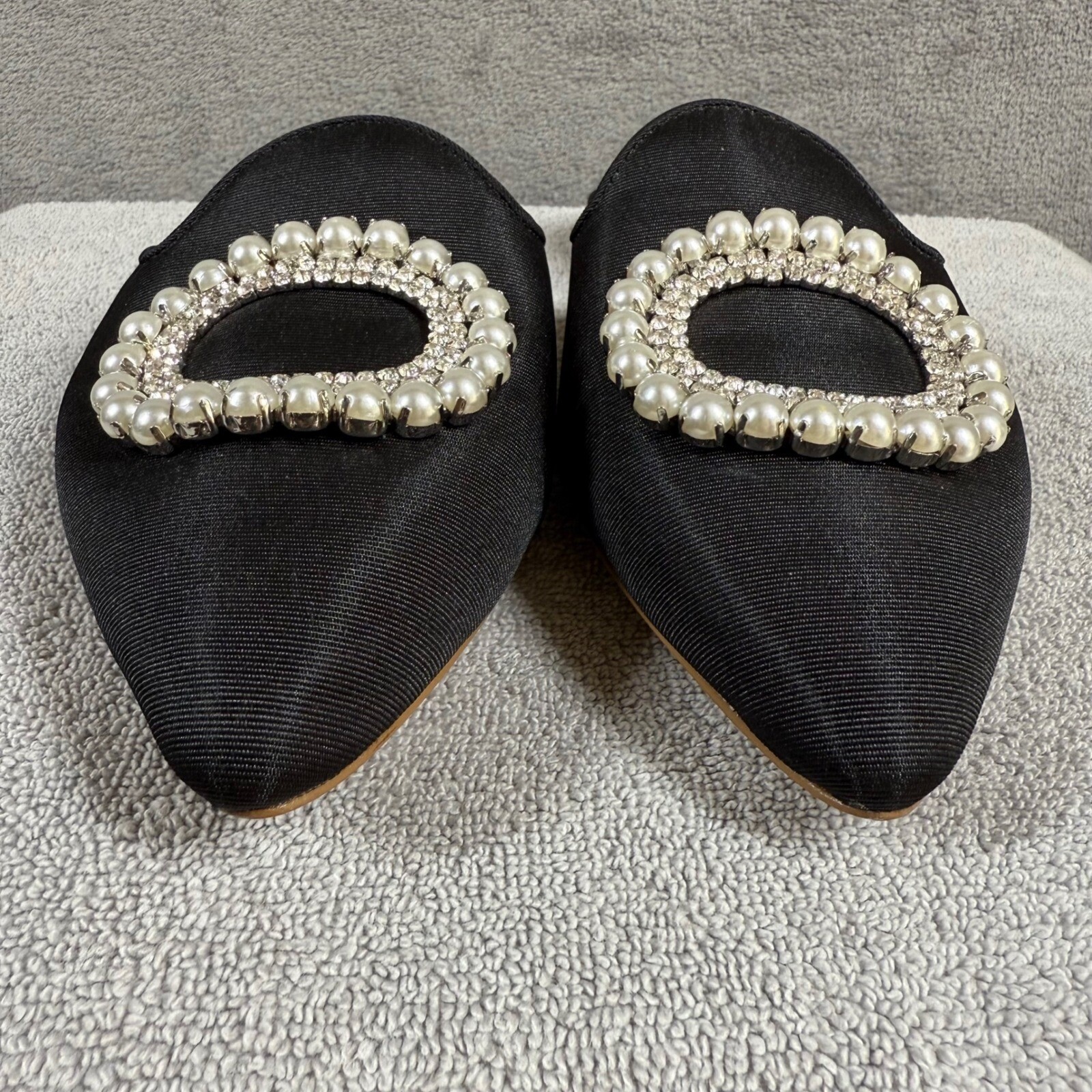 DELTAN Luna Pearl Rhinestone Grosgrain Mules Black Pointed Toe Flats 6.5