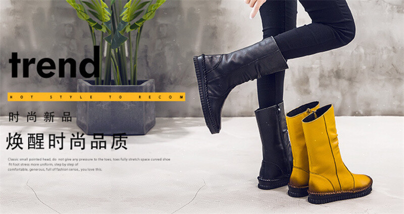 Women Boots Autumn Leather Retro Mid-Calf Boots Flat Shoes Real Leather Boots