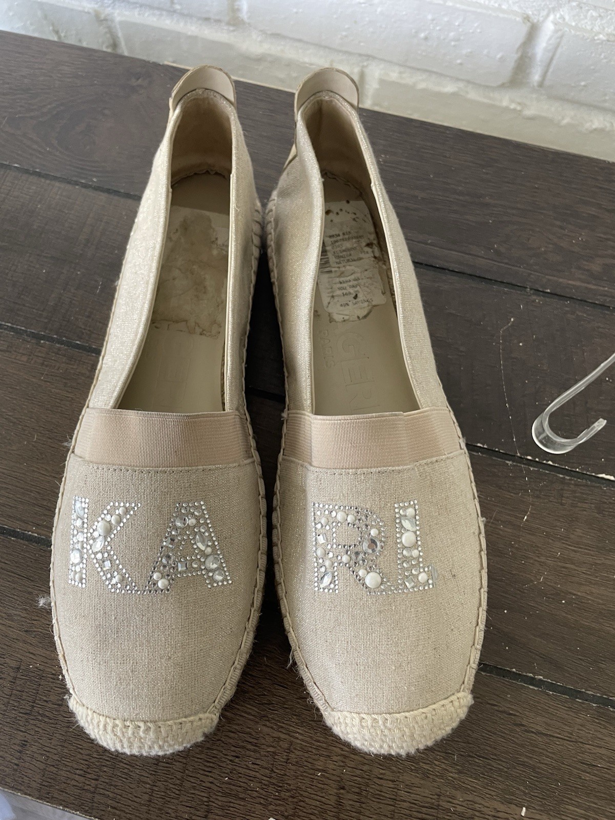 Karl Lagerfeld Cream Studded/Pearl Espadrilles Womens Slip On Shoes Size 9.5 M