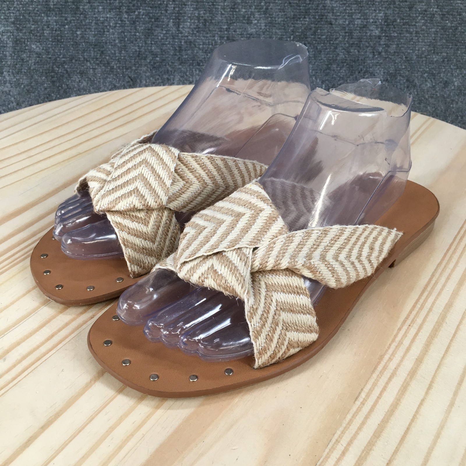 Universal Thread Louise Sandals Womens 7 Slide Slip On Flats Striped White Brown