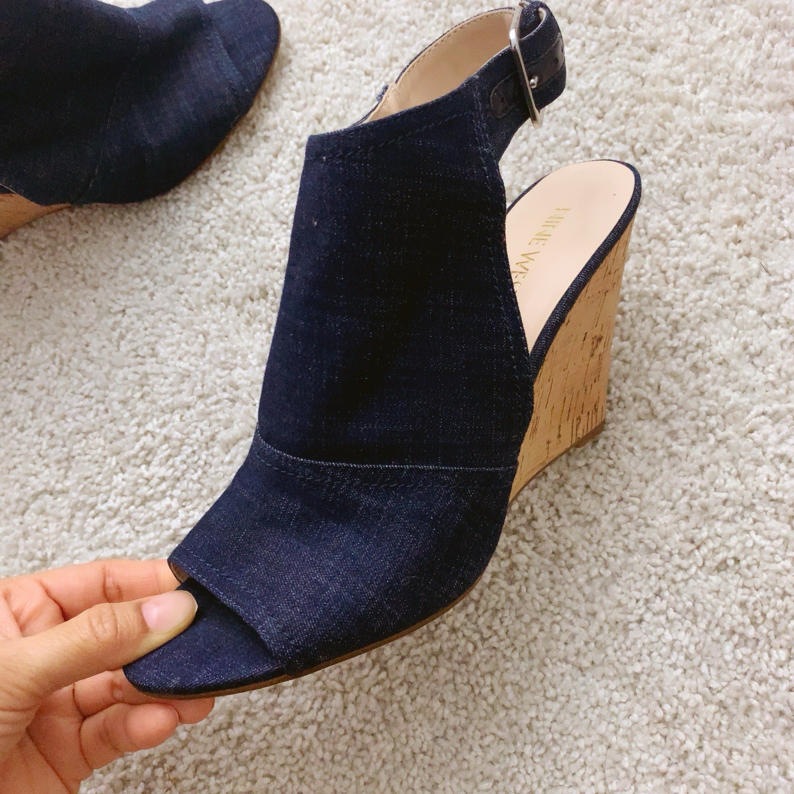 NINE WEST Dark Blue Denim Wedge Heels Shoes Size 7.5 M