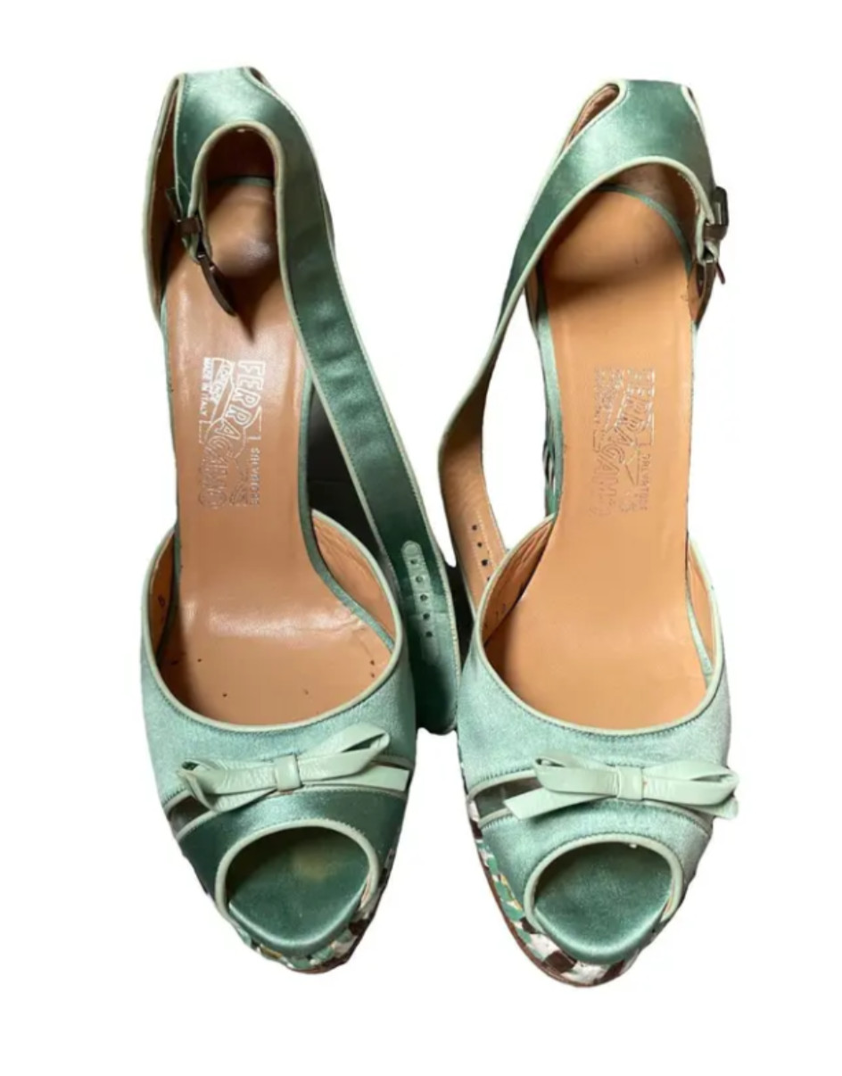 Salvatore Ferragamo Light green silk platform with raffia detail (sourced in JP)