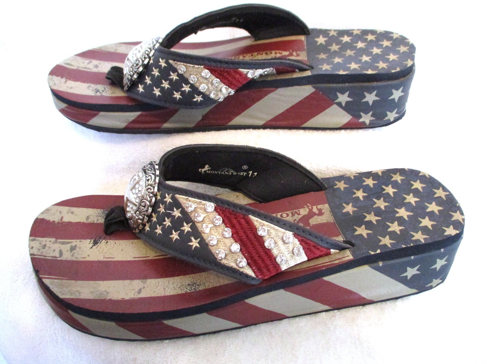 11 Montana West American US Flag Rhinestone Studs Concho Flip Flops Sandals