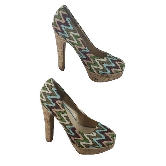 Diba Girl Chevron Print Cork Platform Heels Size 6.5M Multicolor Green Beige Bro