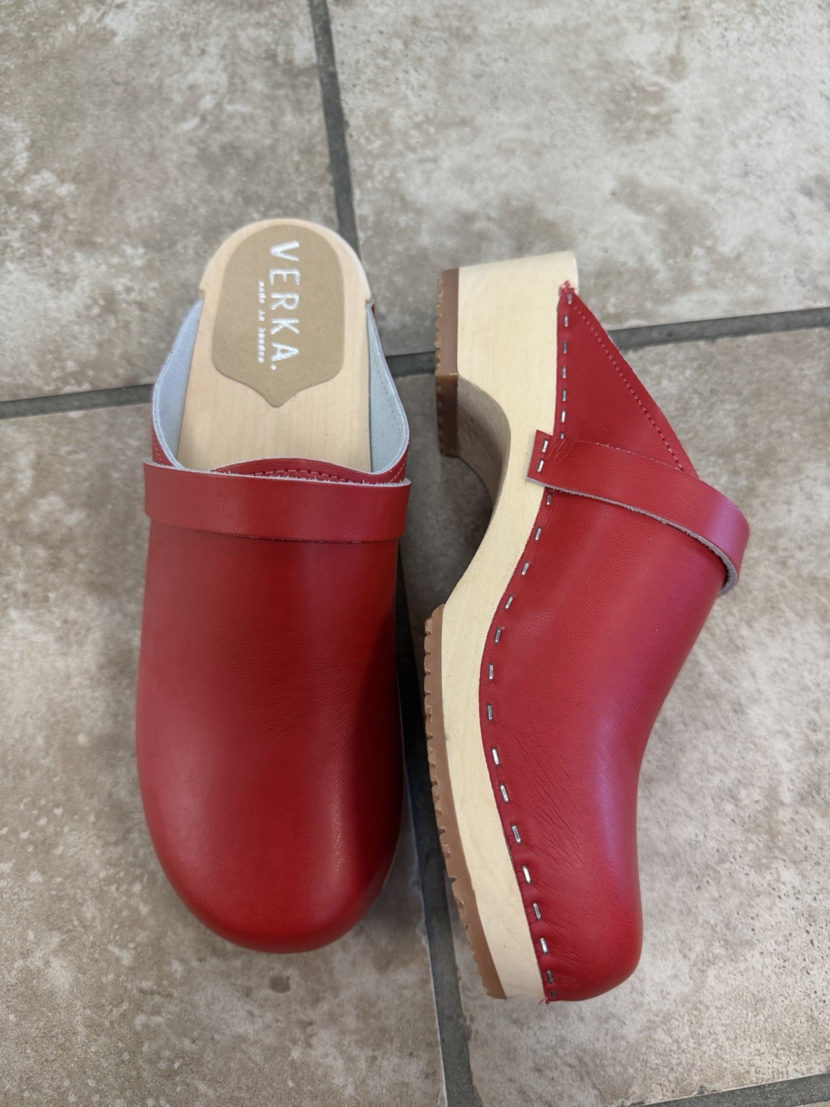 VERKA Swedish Wooden Clogs Lingonberry Red Leather EU 41 US 10-10.5 NWOB