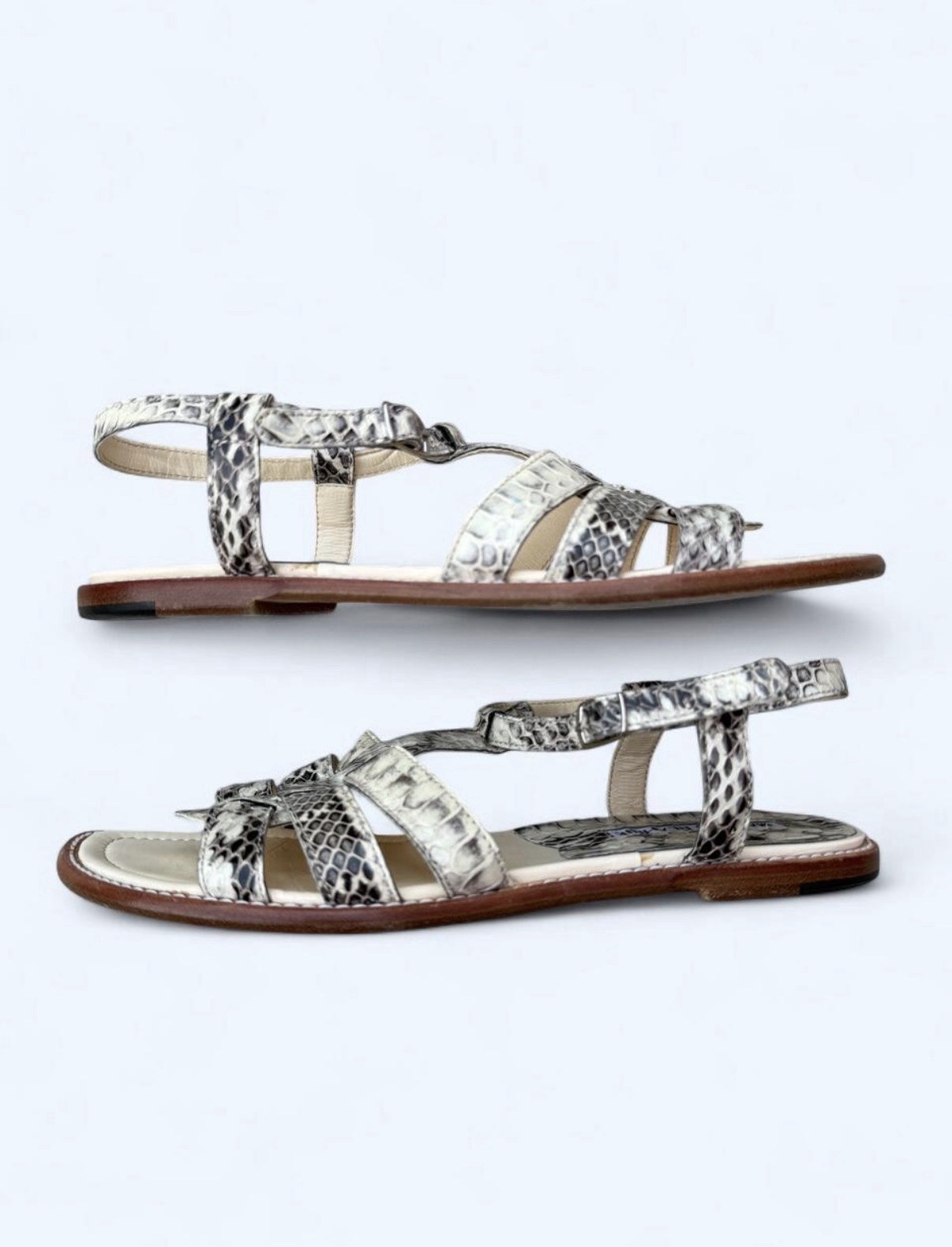 Manolo Blahnik Designer White & Black Snake Print Strappy Sandals Size EU 36.5