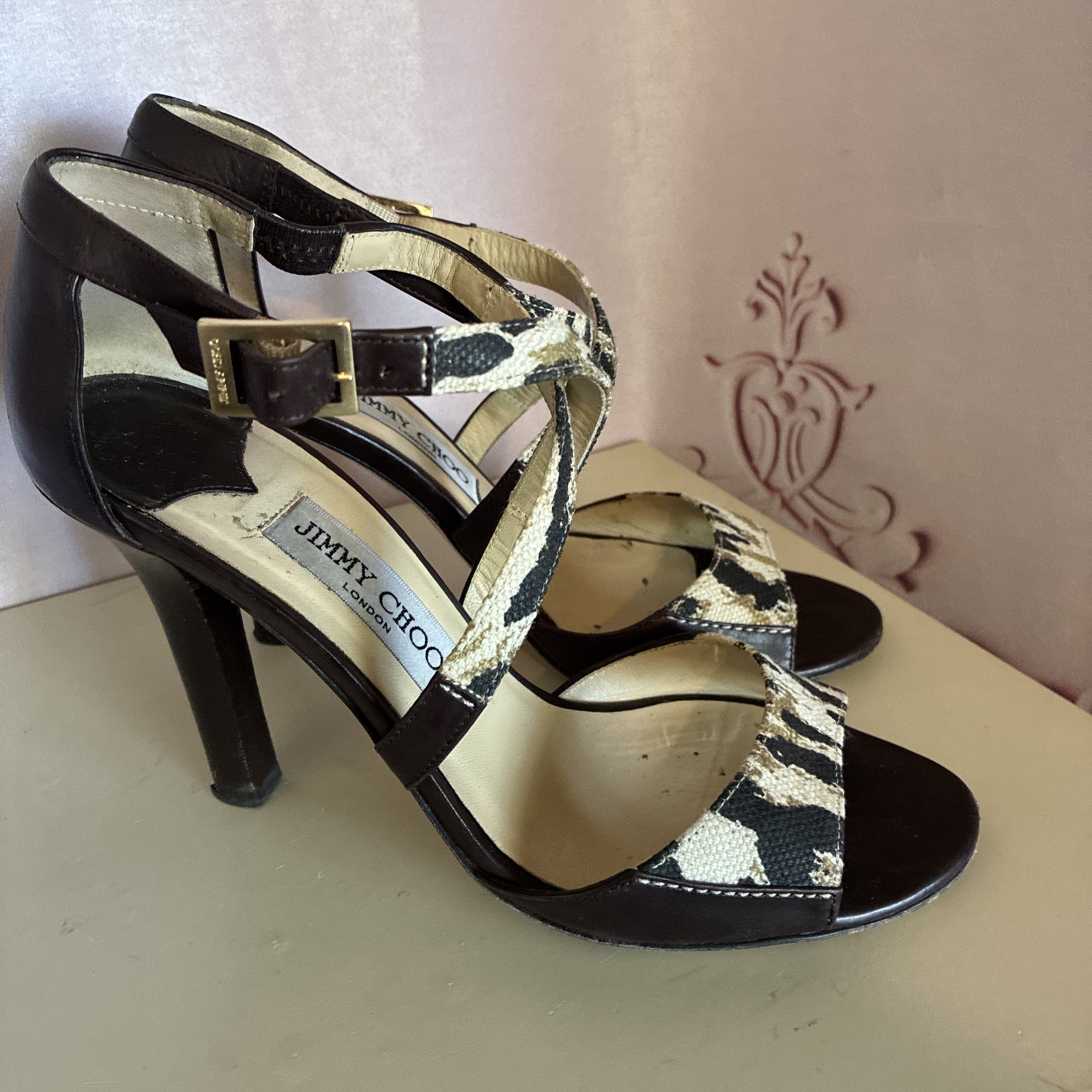 Jimmy Choo Pioneer Leopard Print Canvas Brown Leather Sandals Heels Size 38