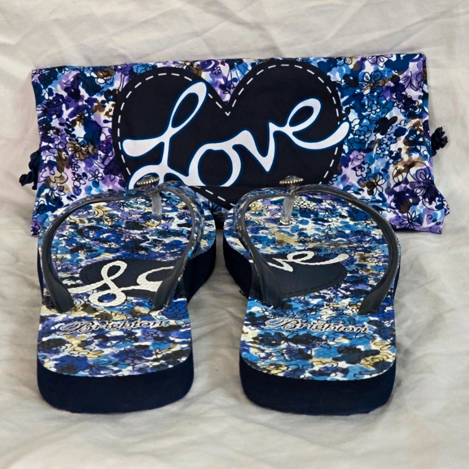 Brighton Floral Logo Flip Flop Sandals Blue Purple Size 9 Dust Bag