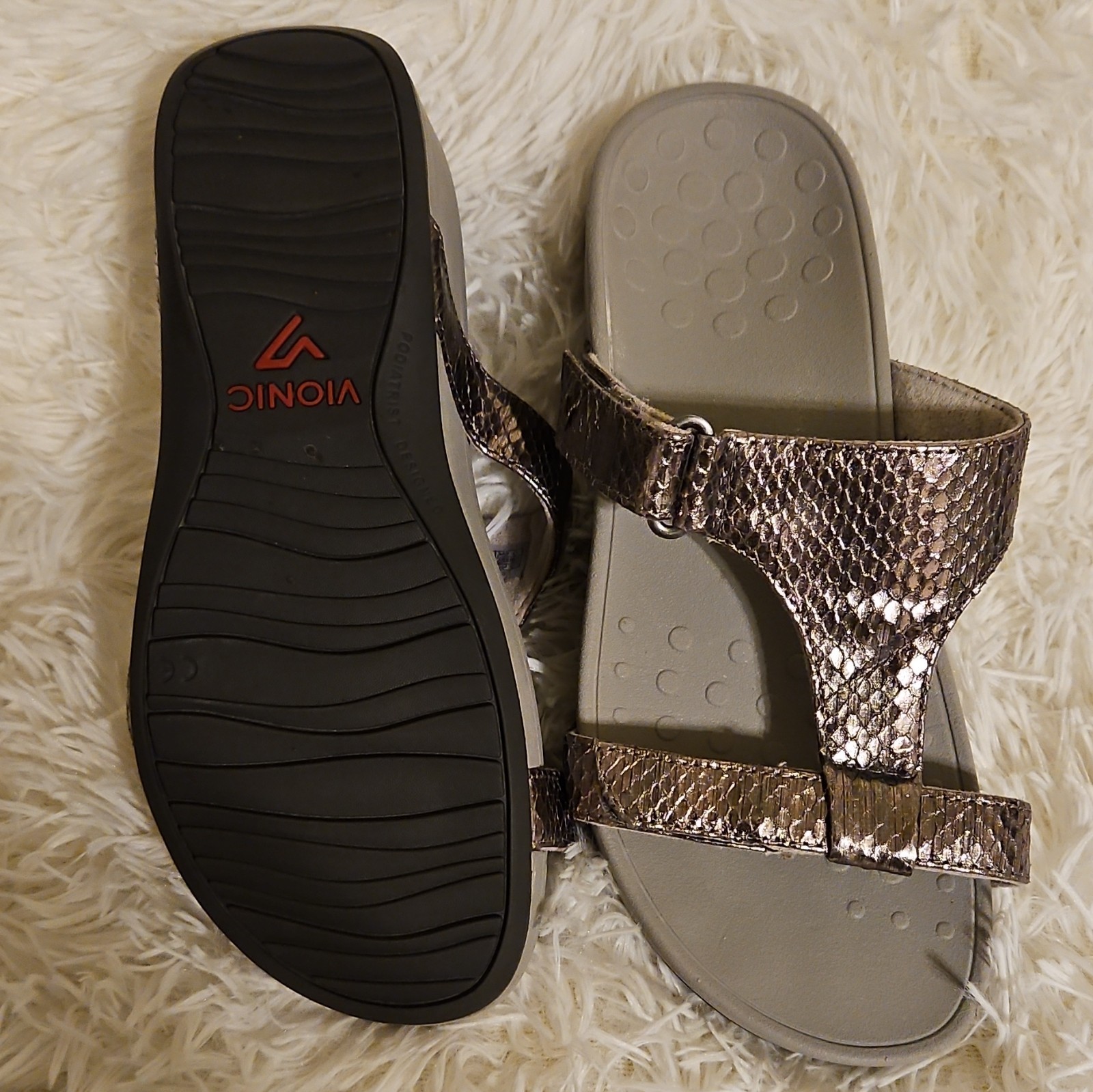 Vionic Pacific Ellie Metallic Snake Pewter Silver Comfort Sandals- Womens Size 6