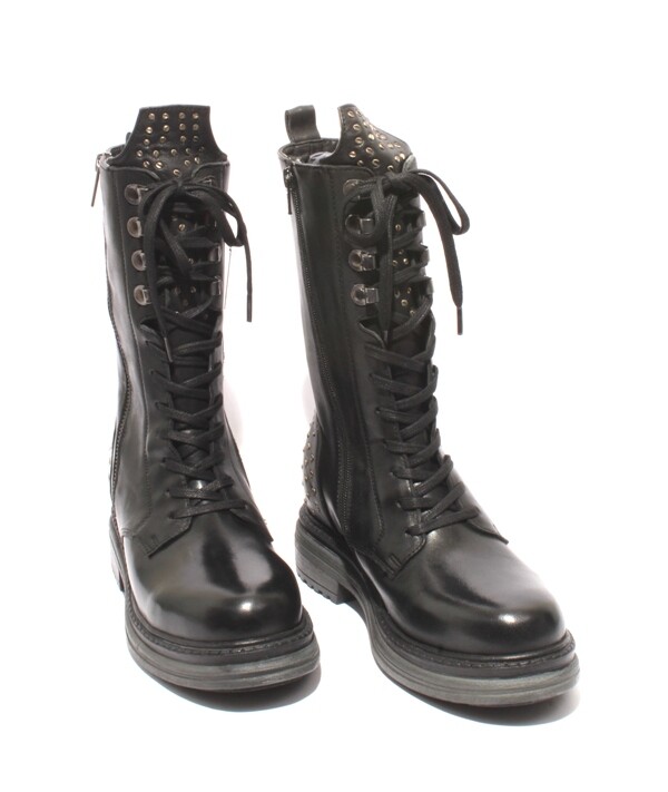 WOz 2226 Black Leather Lace-Up Zip-Up Studded Platform High Boots 40 / US 10