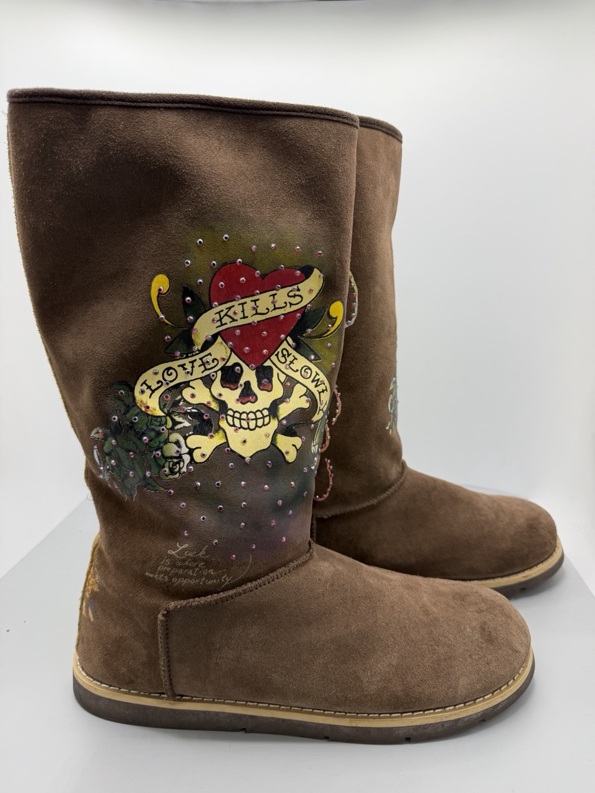 Ed Hardy Tattoo Love Kills Slowly Tattoo Single Print Suede Winter Boots Size 10