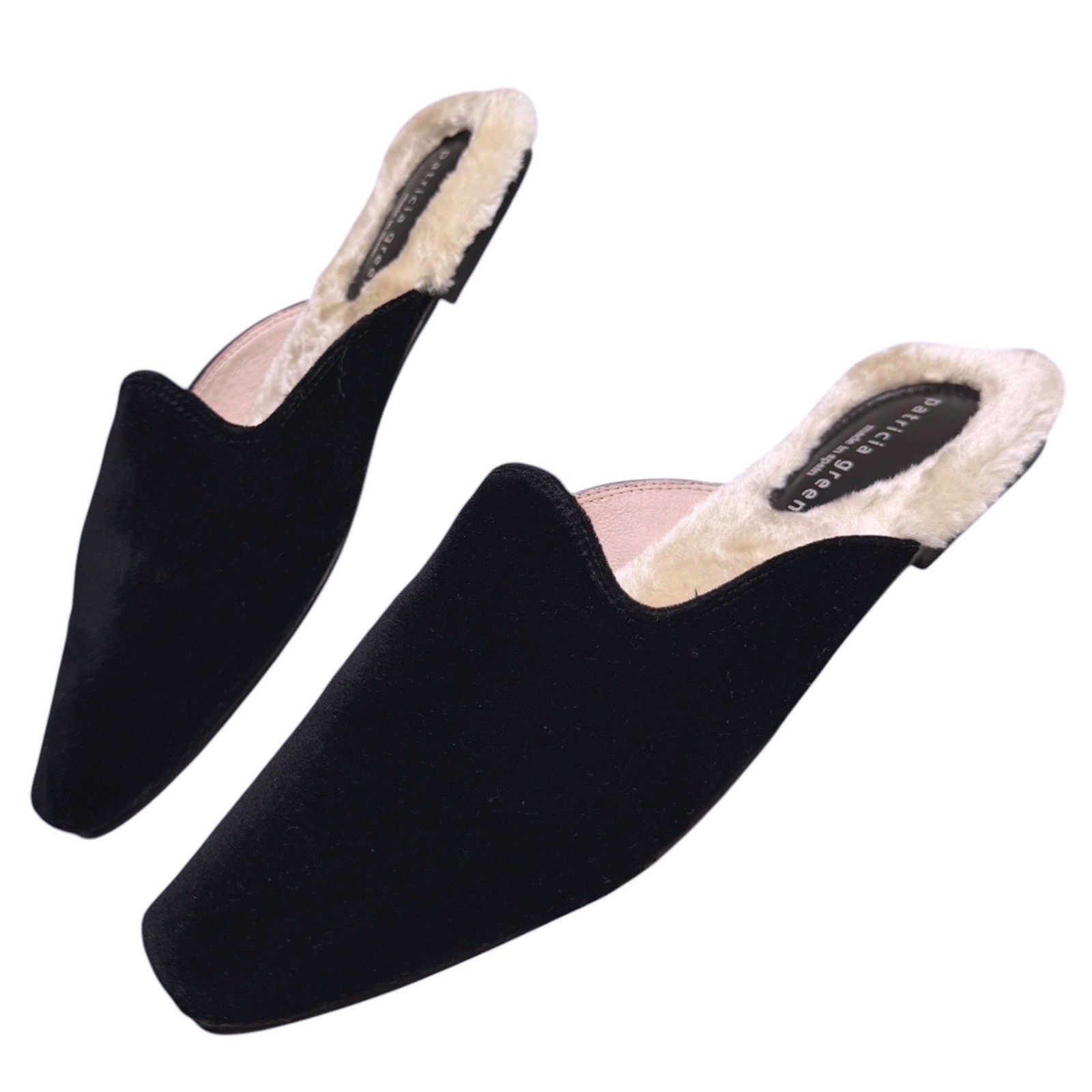 Patricia Green Charlotte Black Velvet Faux Fur Lined Mule Slippers Women 8 Spain