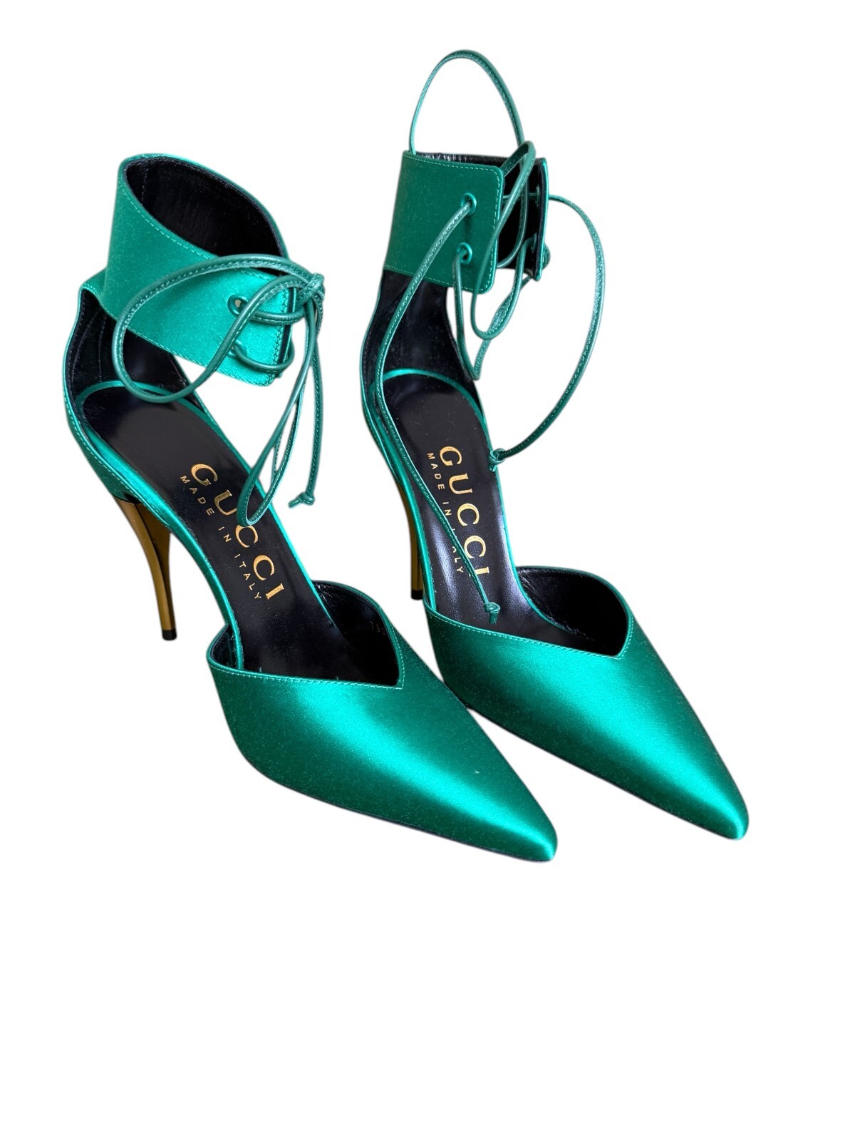 GUCCI Priscilla Emerald Green Satin Strap Stiletto Heel 36+, US 6.5, 752966