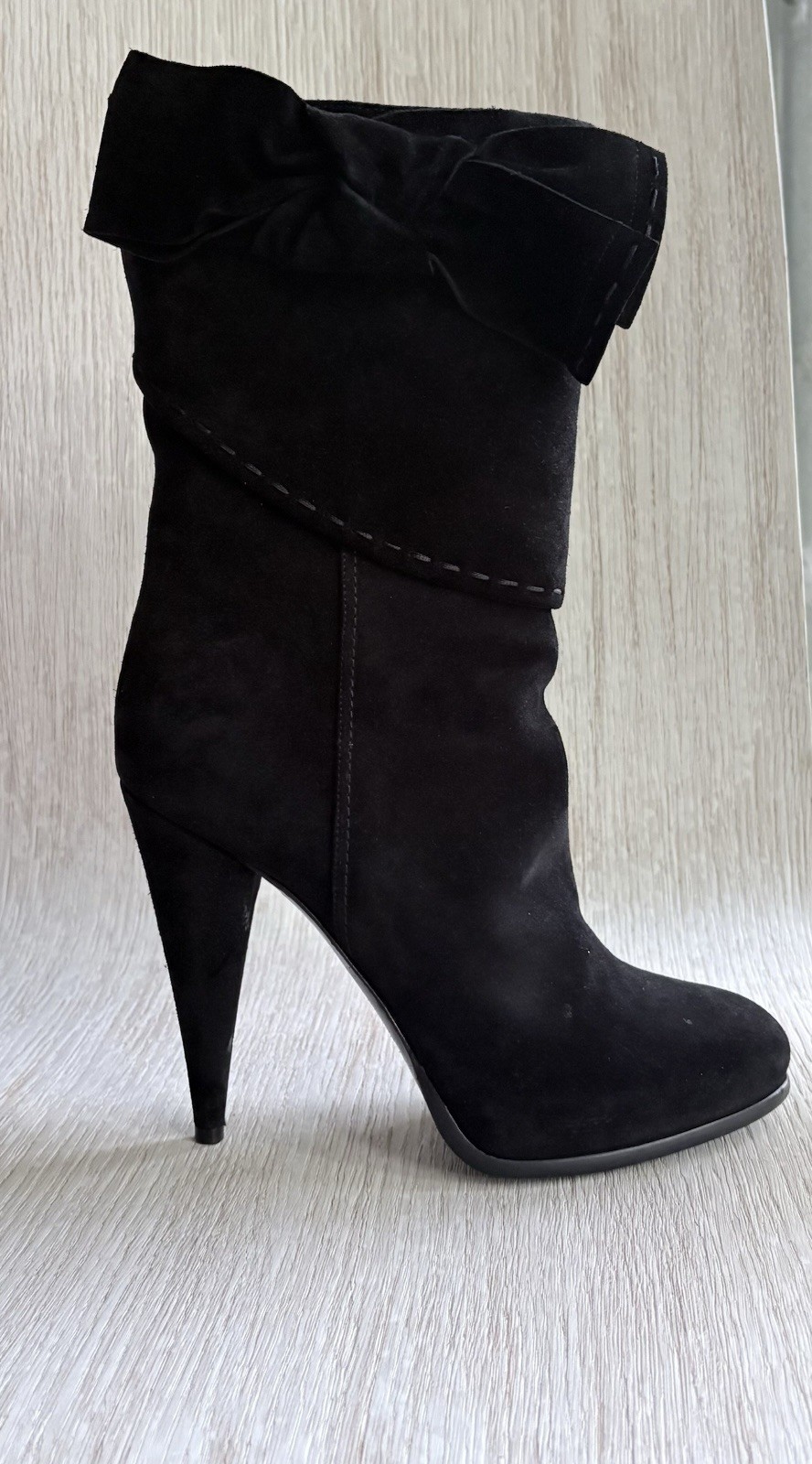 Christian Dior Women’s Black Suede Slouch Boots 38.5 Cuffed Cone Heel Mid-Calf