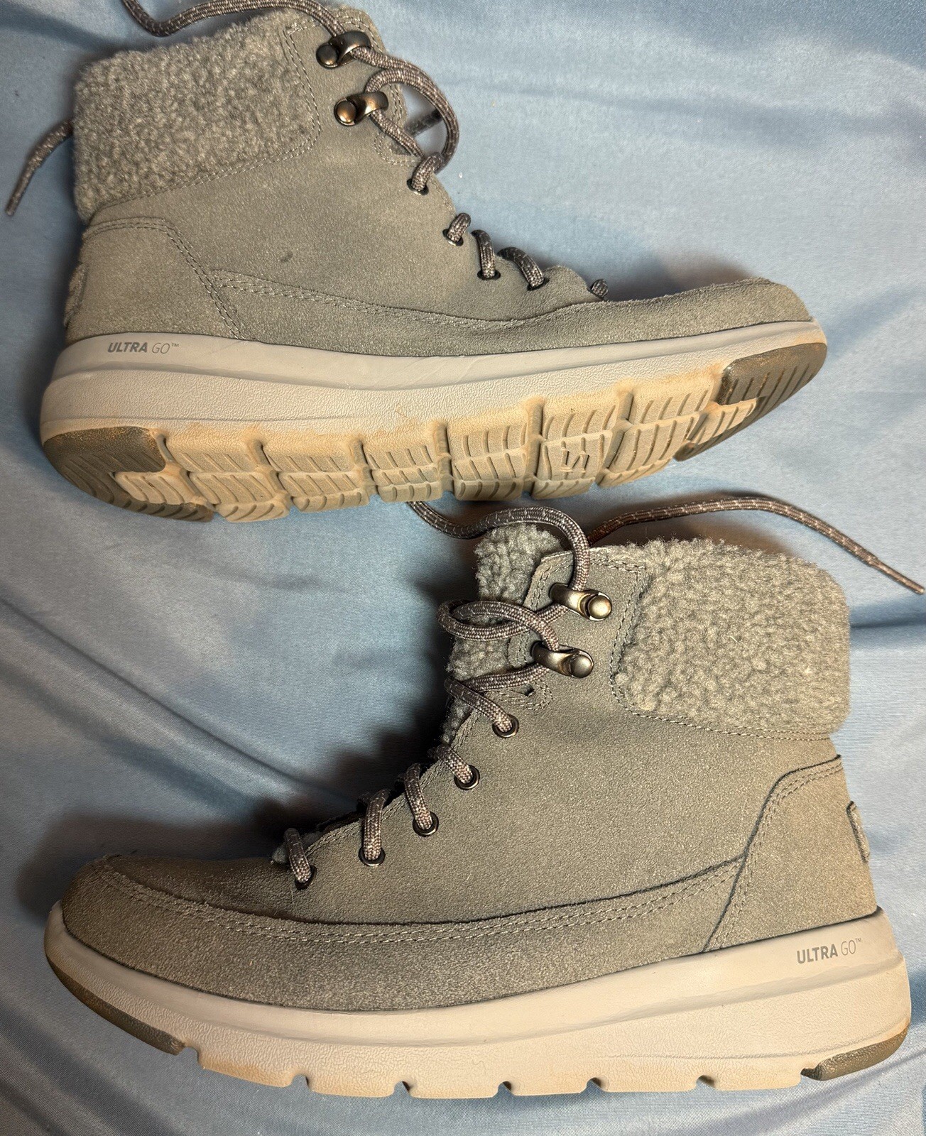 Skechers Grey Side Zip Comfort On The Go Fuzzy Lined Boots Womens 7.5 Adorable!