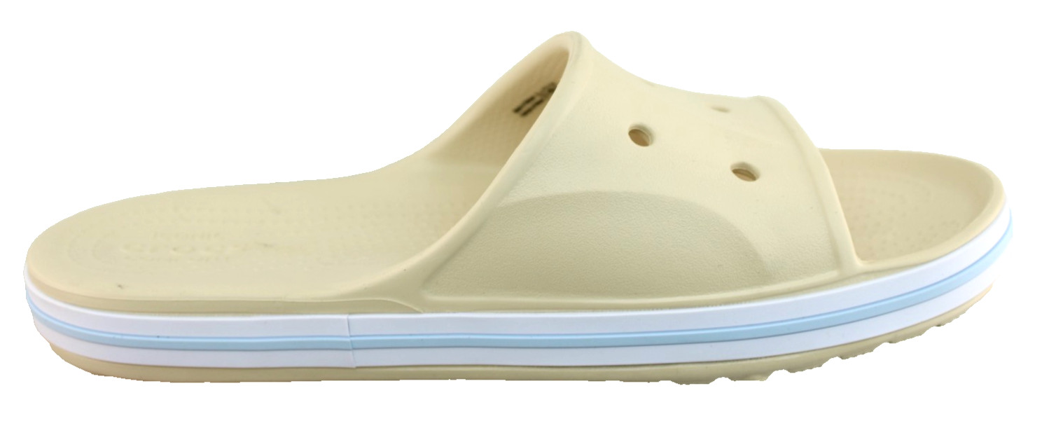 New CROCS Women’s 7 Bayaband Vanilla Cream /Blue Raised Crocs Logo Slide Sandals