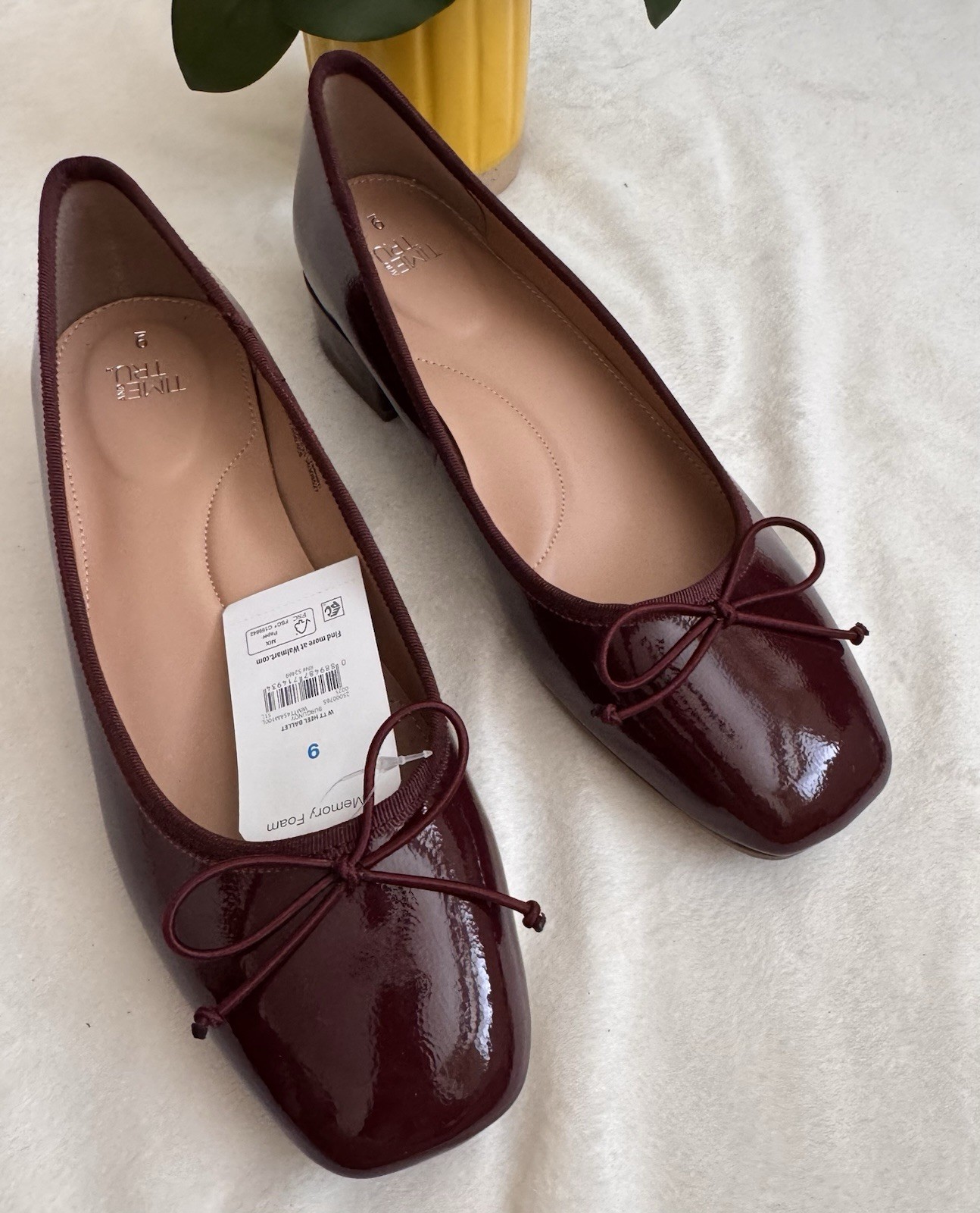 Time and Tru Women’s String Bow Block Heel Ballet Shoes,Size 9, Burgundy