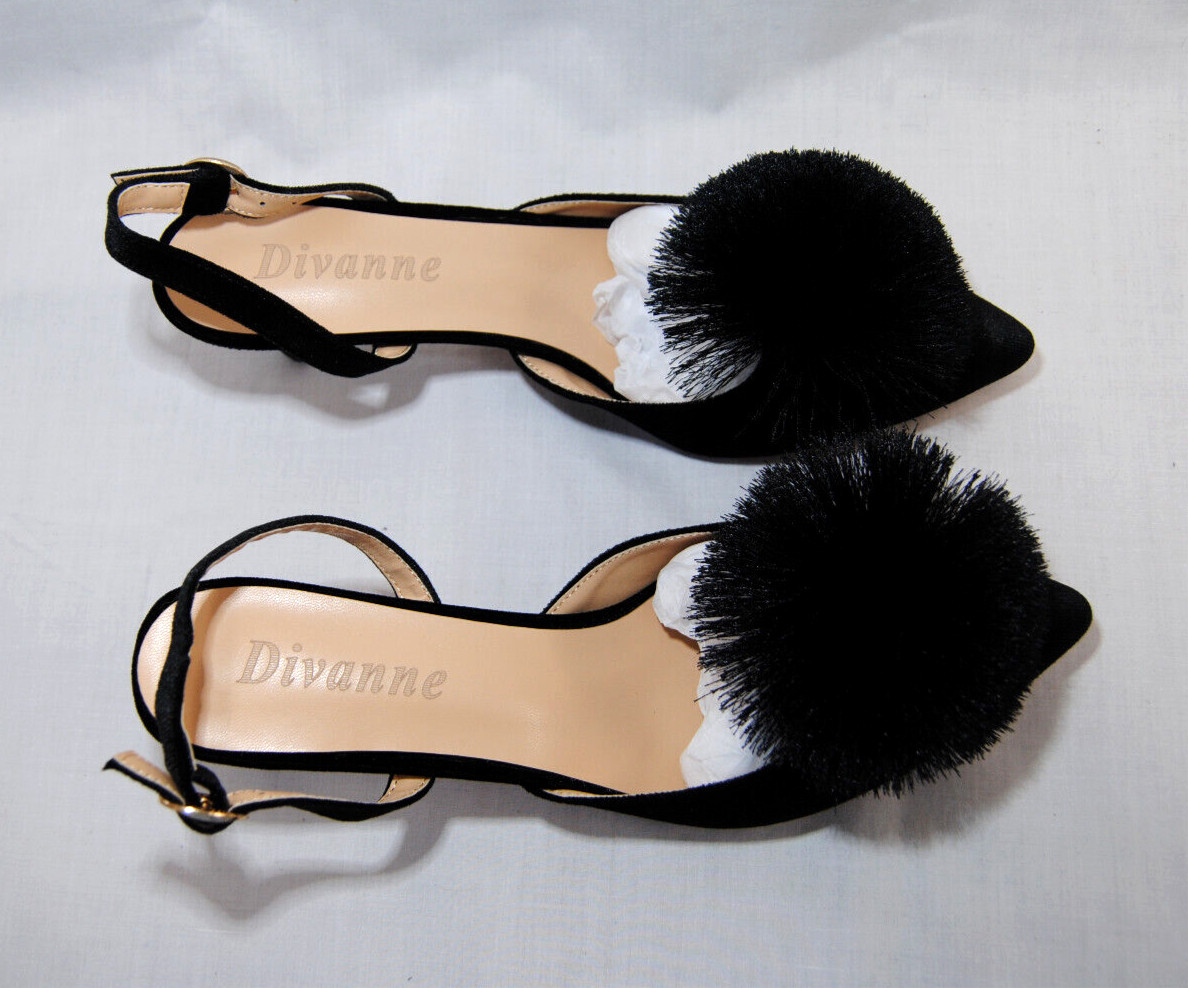 Divanne Women’s Puff Pompom Slingback Pumps Pointed Toe Kitten Heels New T2346