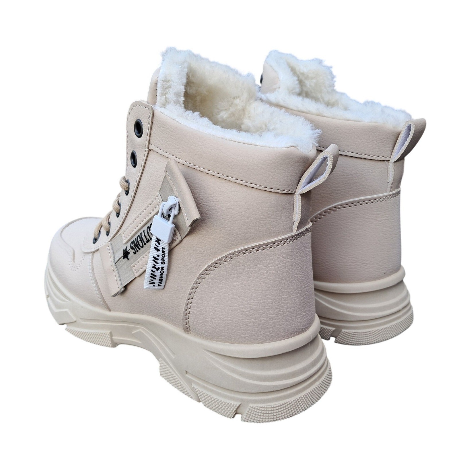 ZW Shuxian Beige Faux Fur Lined Chunky Lug Sole Combat Boots Womens Size 38 NEW