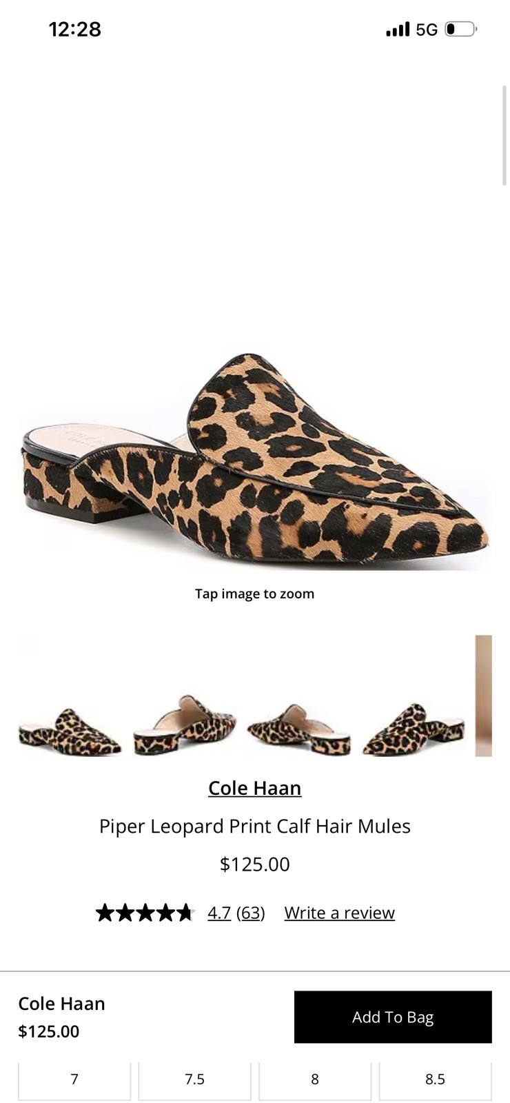 Cole Hann 7.5 Piper Leopard Print Calf Hair Mules