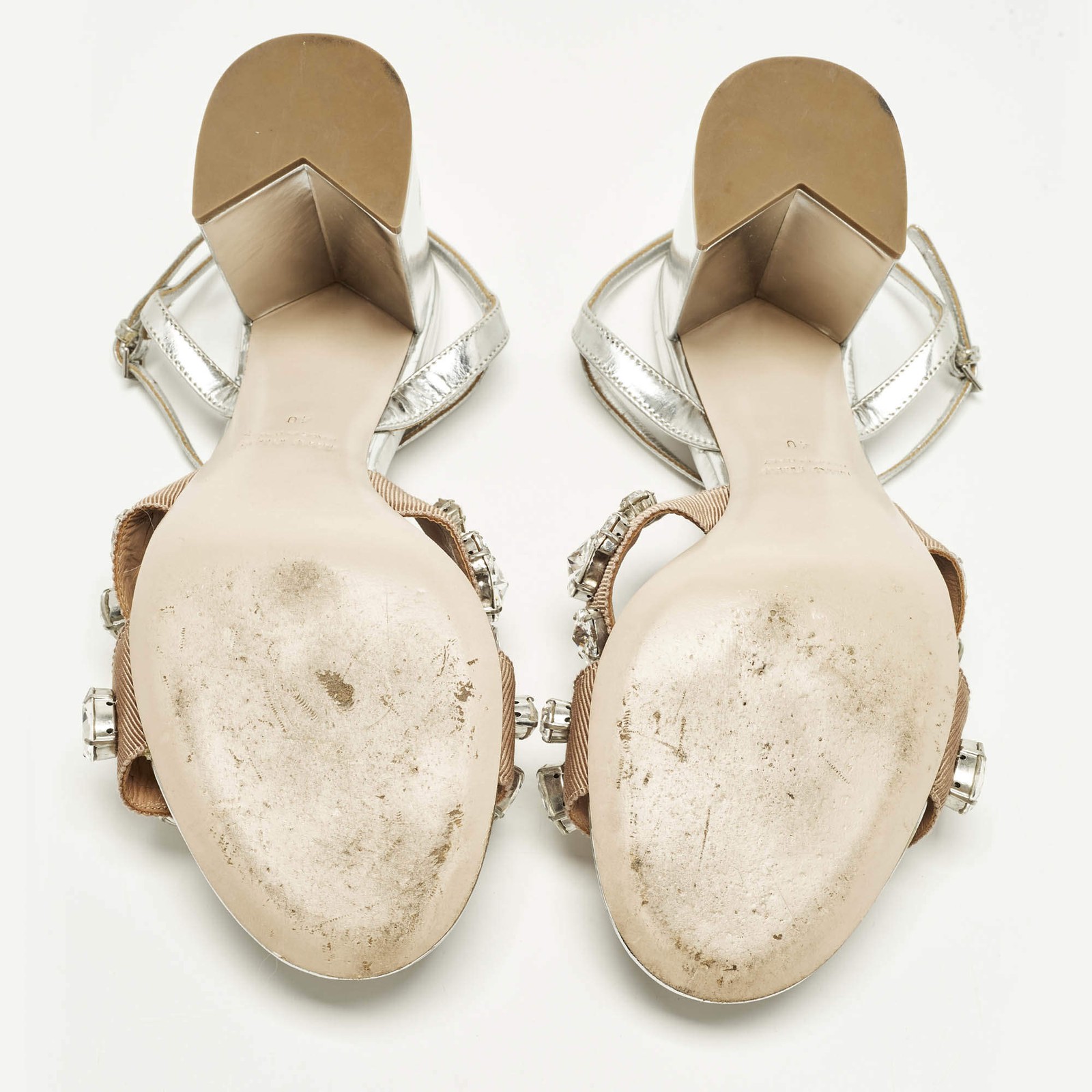 Miu Miu Size 40 Silver Leather Crystal Embellished Ankle Strap Sandals