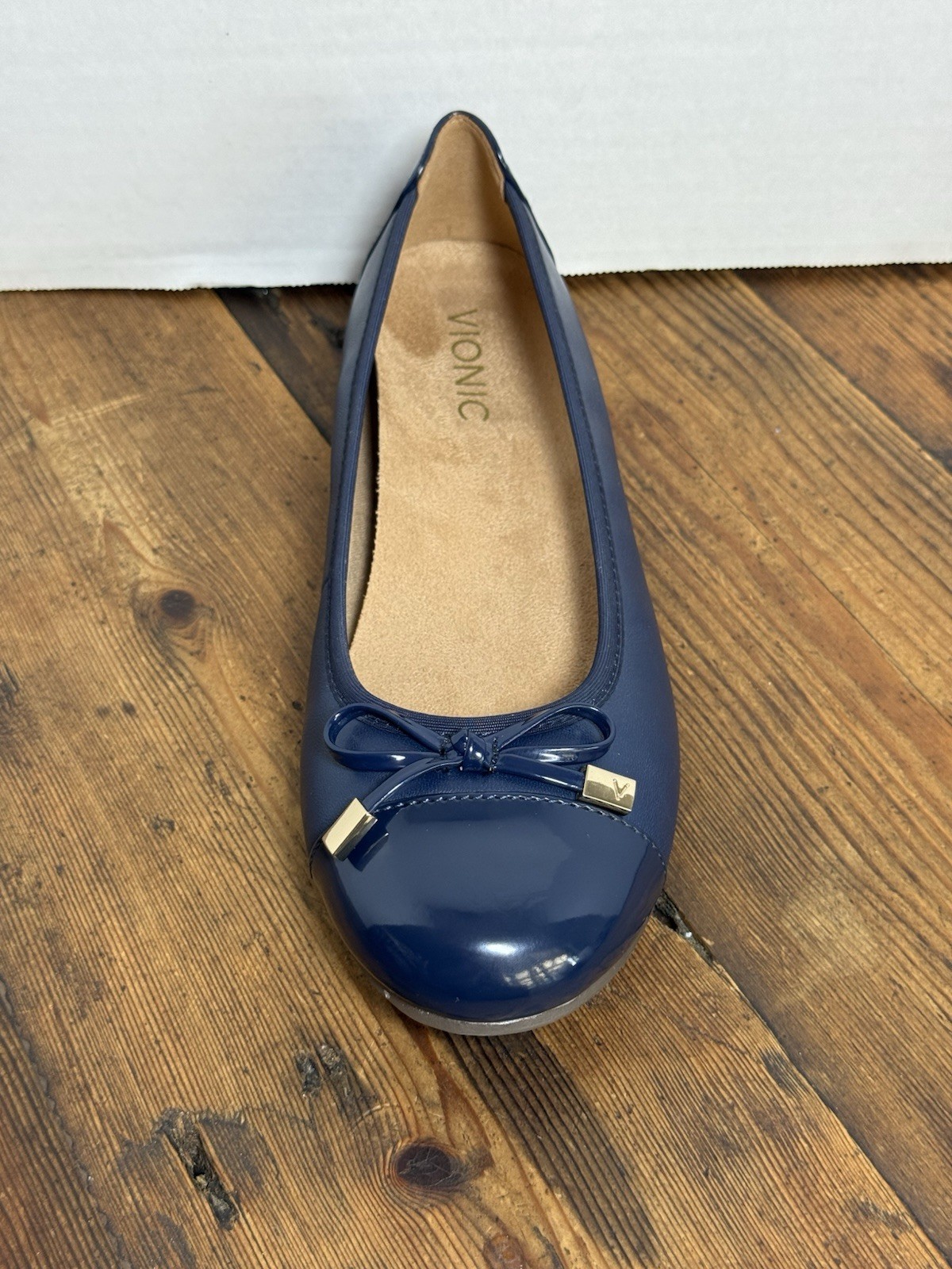 Vionic Minna Ballet Flat Size 7N (W)Blue Leather Slip On Shoe Cap Toe Bow NIB (H