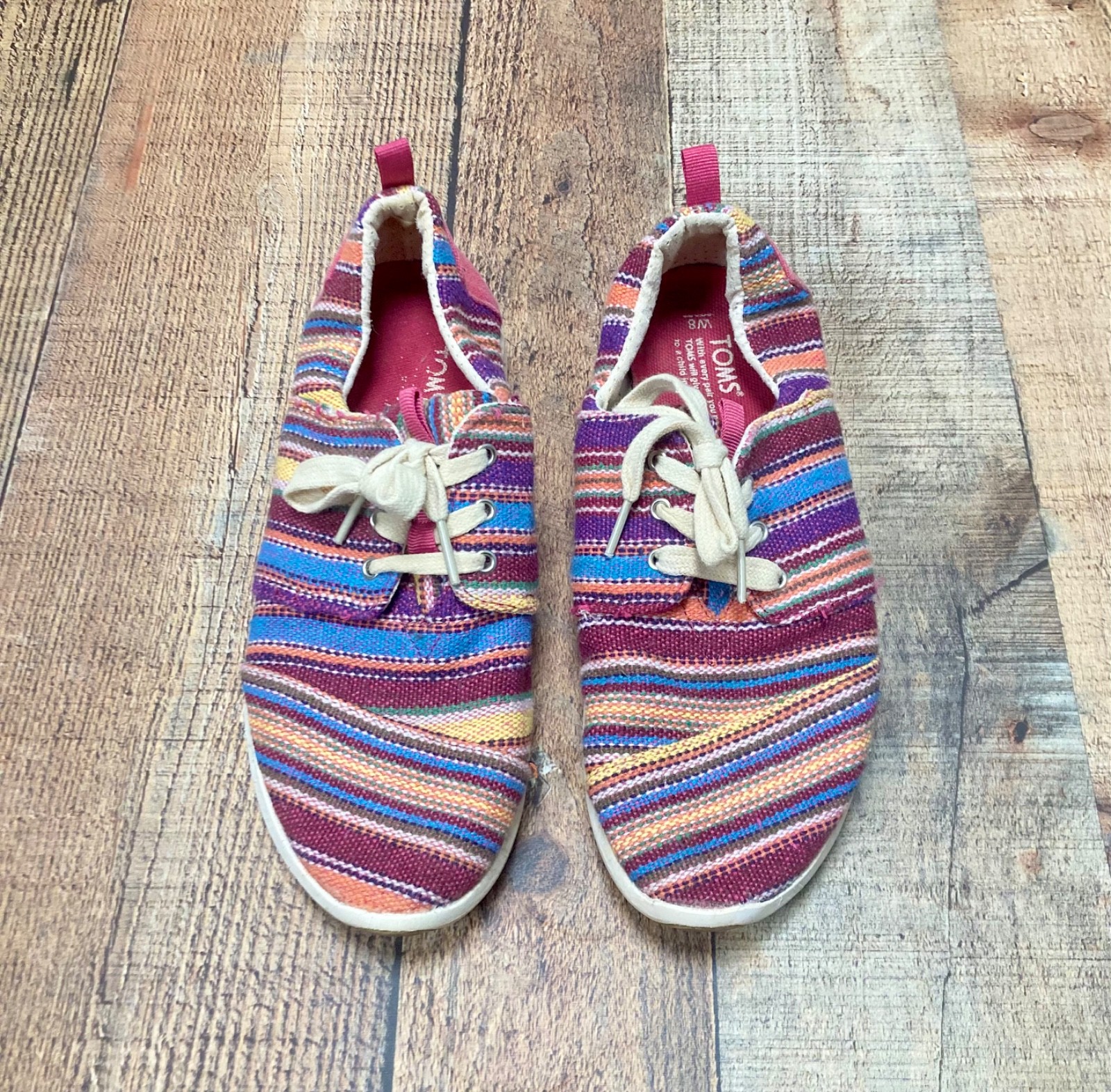 TOMS Del Rey Womens Size 8 Multi Color Striped Woven Lace Up Sneakers Boho Shoes