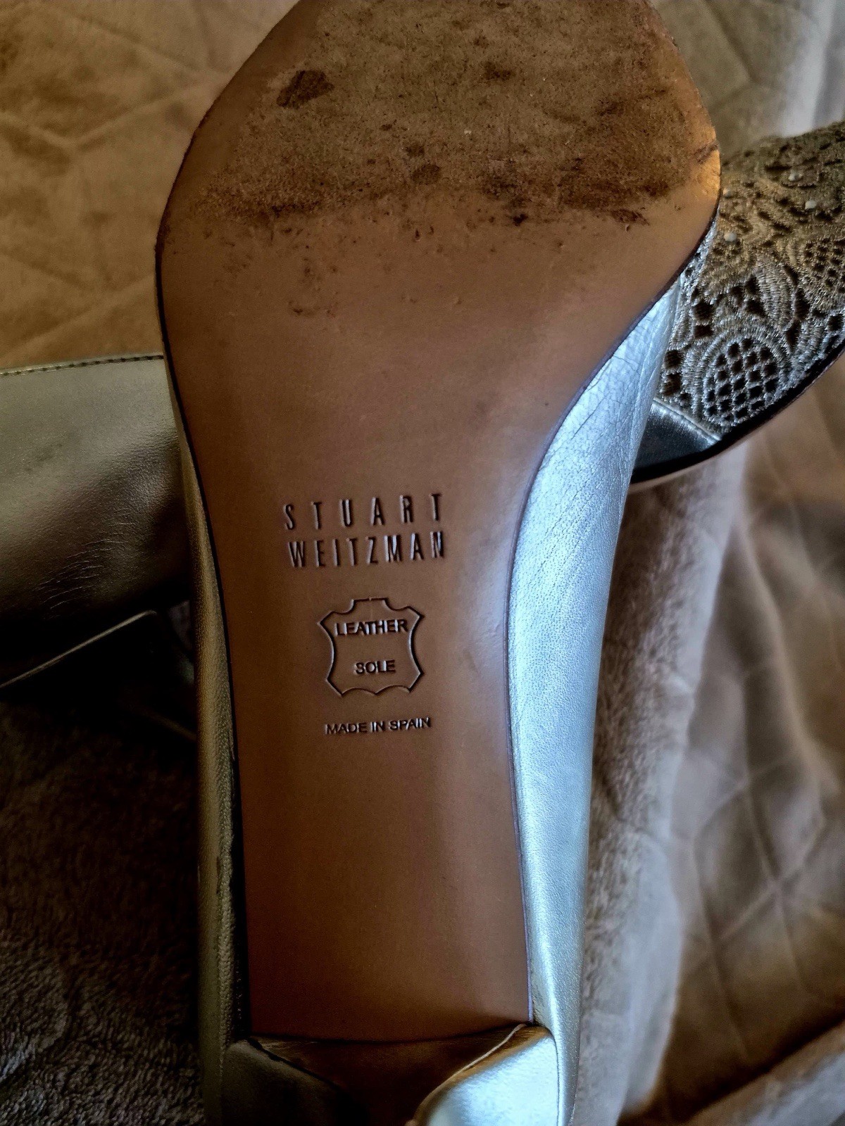 Stuart Weitzman Women’s Silver Leather Lace Peep Toe Stiletto Pumps EU 39