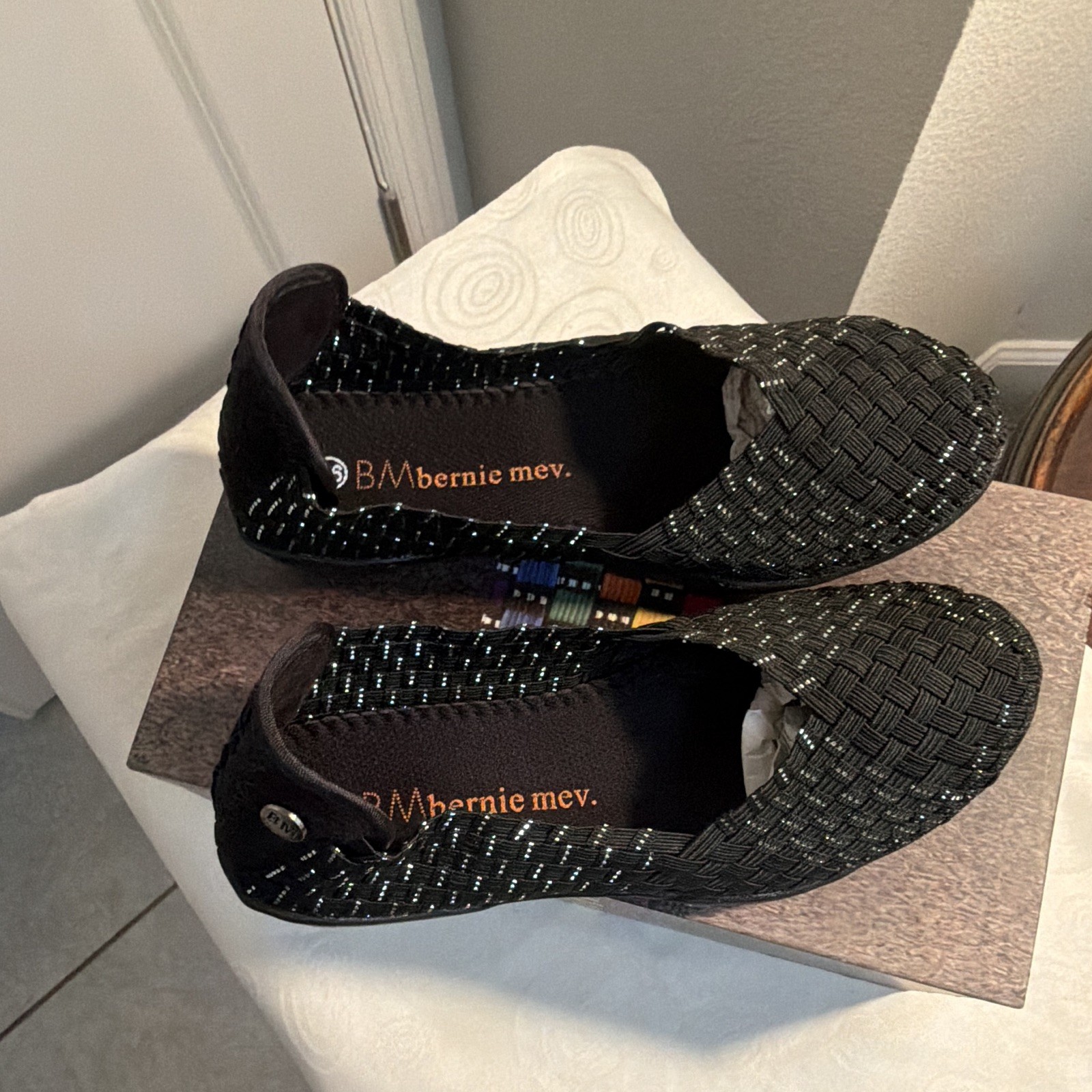 Bernie Mev Catwalk Women’s Black/Silver Woven Slip-On Comfort Flats EU 36 US 5