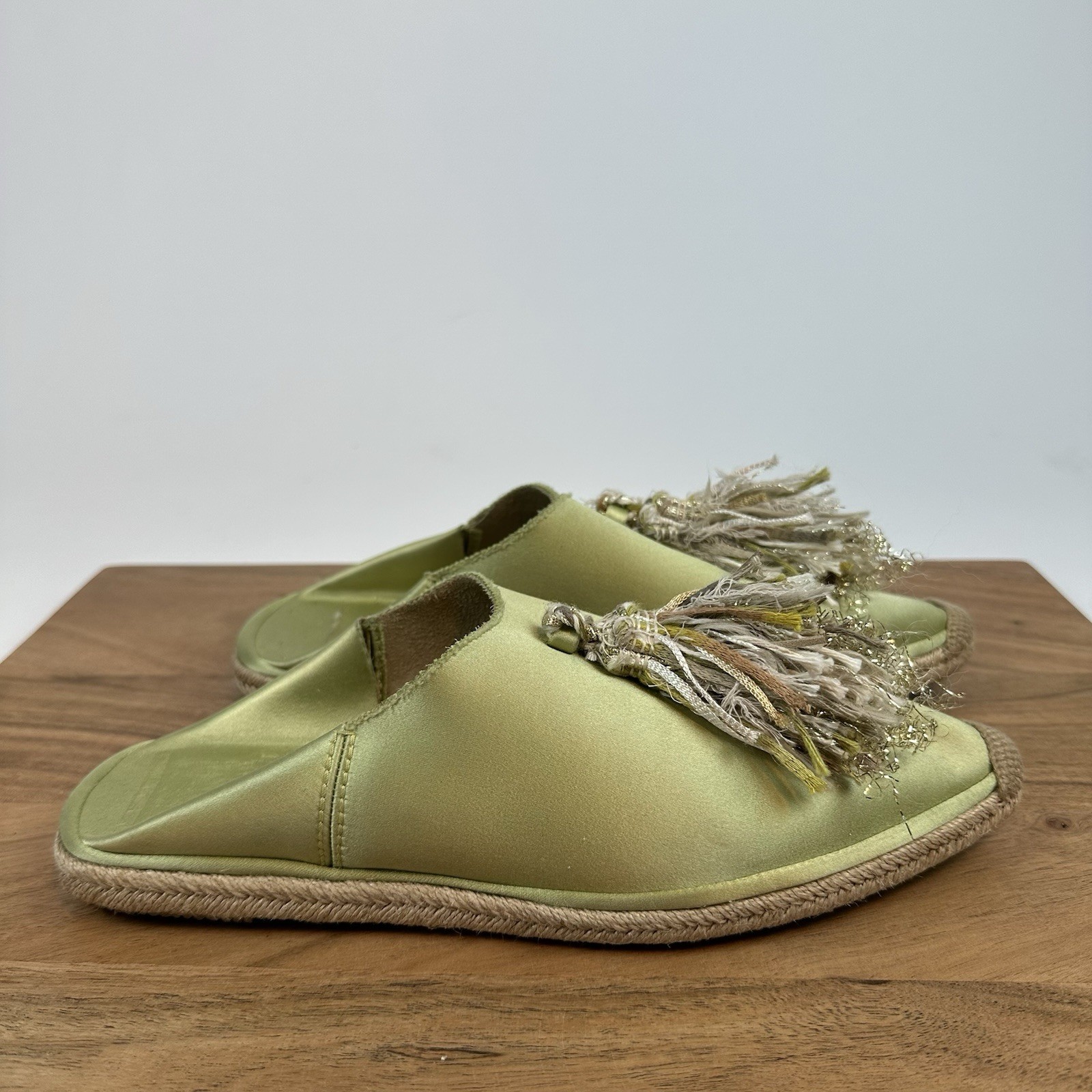 Womens Pedro Garcia Green Satin Metallic Slip On Tassel Flats Shoes Size EU 37