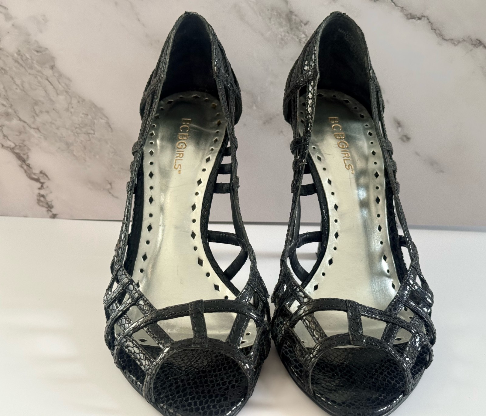 BCBGirls Women’s Black Cut-Out High Heel – Size 8.5 B – Open Toe
