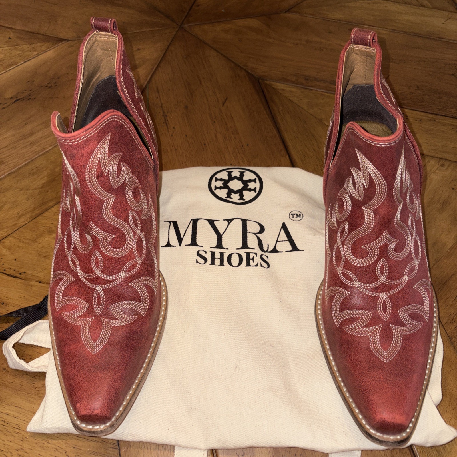 Myra, Lasso Lace Stitched Red Leather Boots, Size 9