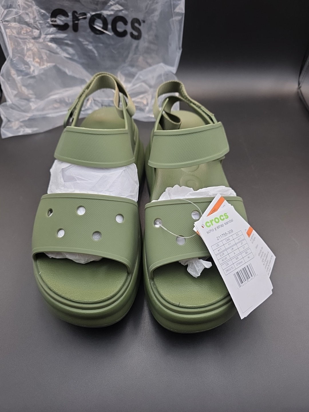 Crocs Soho Y Strap Sandal 211755 Army Green Women’s Size 11 NWT