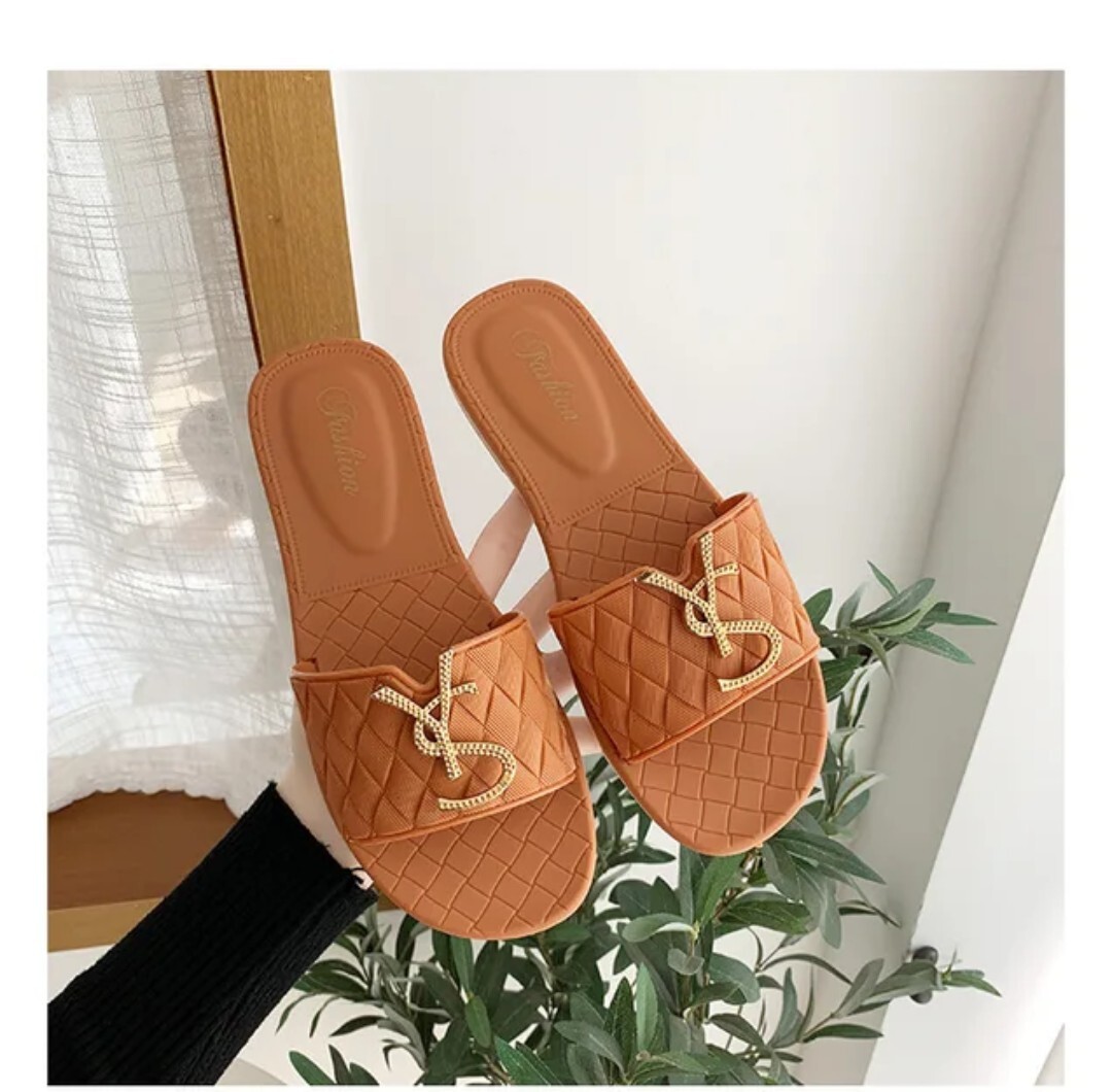 Slippers Woman Sandals On Gold Metal Decoration
