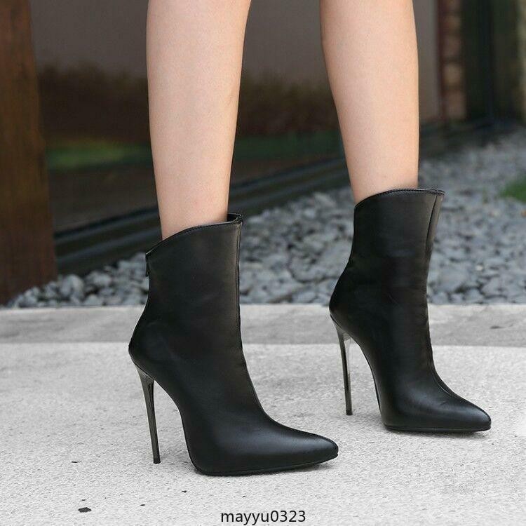 Womens Ankle Boots High Stilletto Heel Zip Pointy Toe Shoes Clubwear Oversize