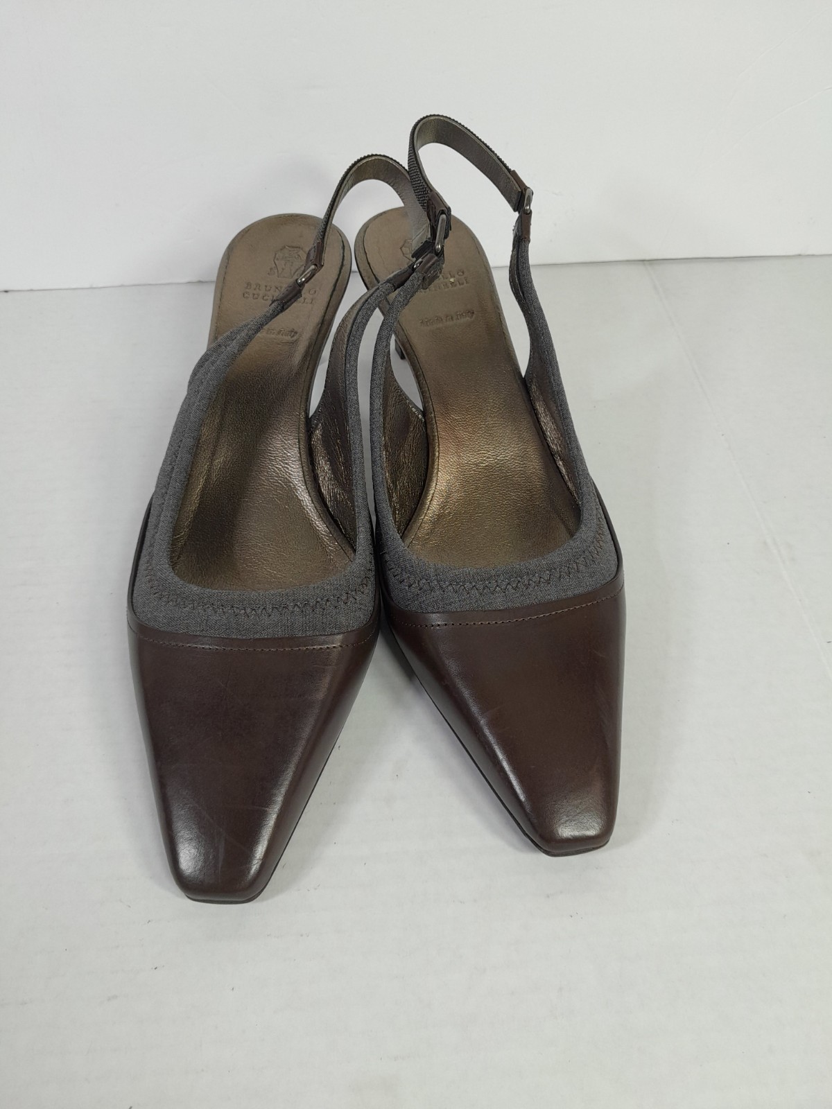 Brunello CucinelliLeather Beaded Accent Slingback Heel Women 10 (40) Brown Gray