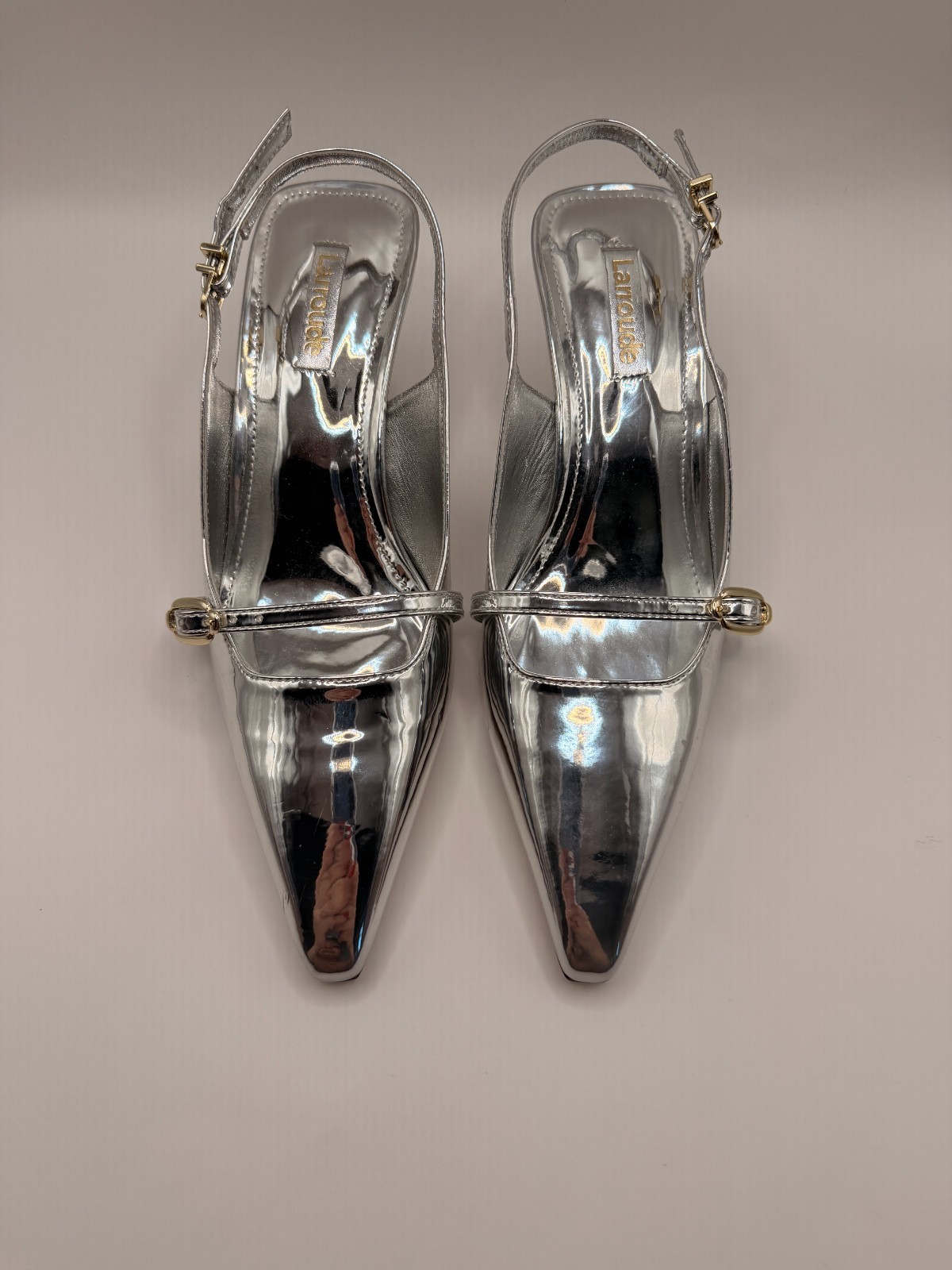 Larroudé Womens Ines Pump In Silver Specchio Pointy Toe Slingback Heel Sz 7
