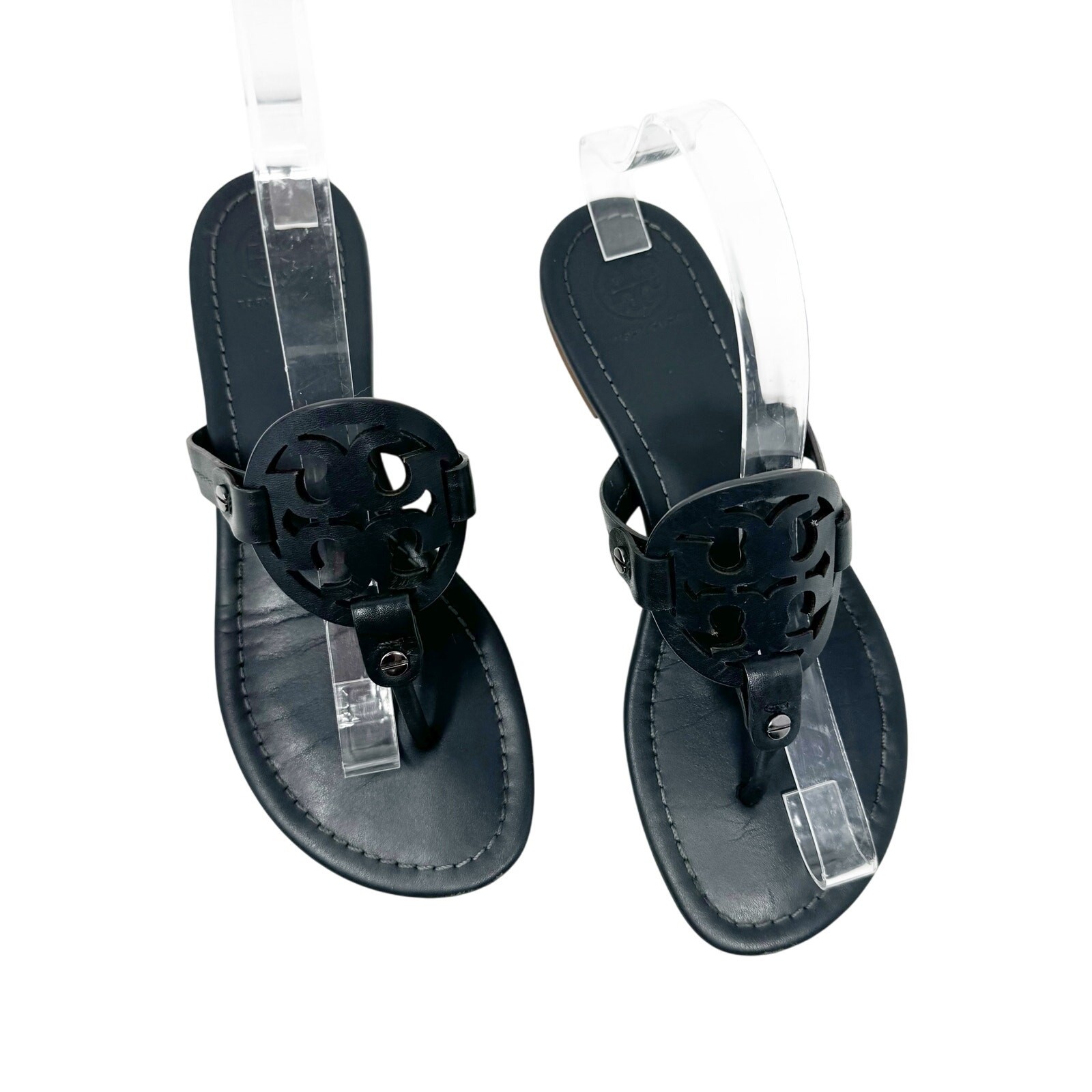 TORY BURCH Gray Grey Patent Leather Miller Classic Designer Logo Sandals Sz 8.5