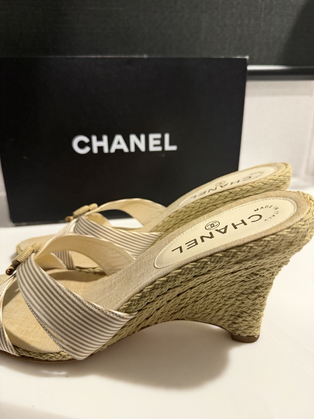 CHANEL COCO MARK Striped Wedge Sole Sandals Mules Shoes Women EU 41